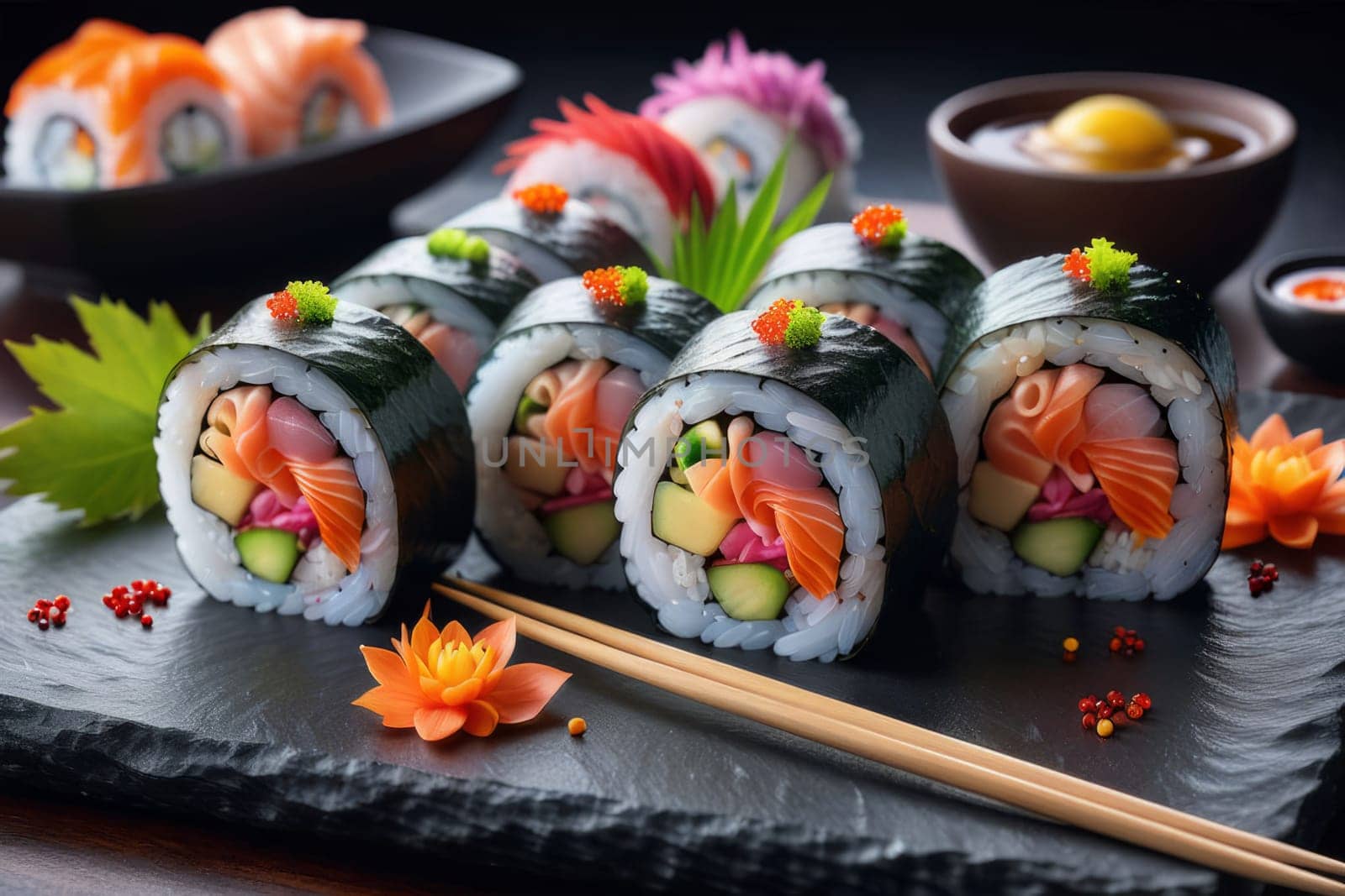 Beautifully arranged sushi selection with fresh fish, vibrant vegetables, and rice. Perfect for showcasing Japanese cuisine, appealing to food enthusiasts and culinary professionals alike