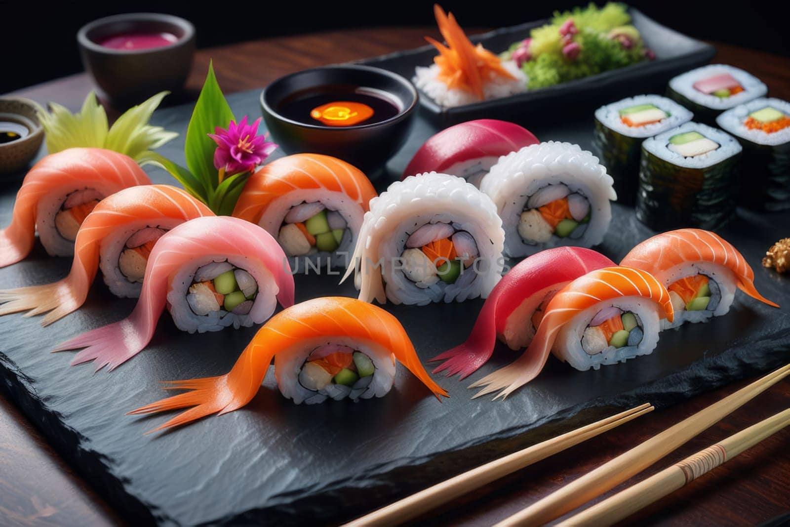 Beautifully arranged sushi selection with fresh fish, vibrant vegetables, and rice. Perfect for showcasing Japanese cuisine, appealing to food enthusiasts and culinary professionals alike