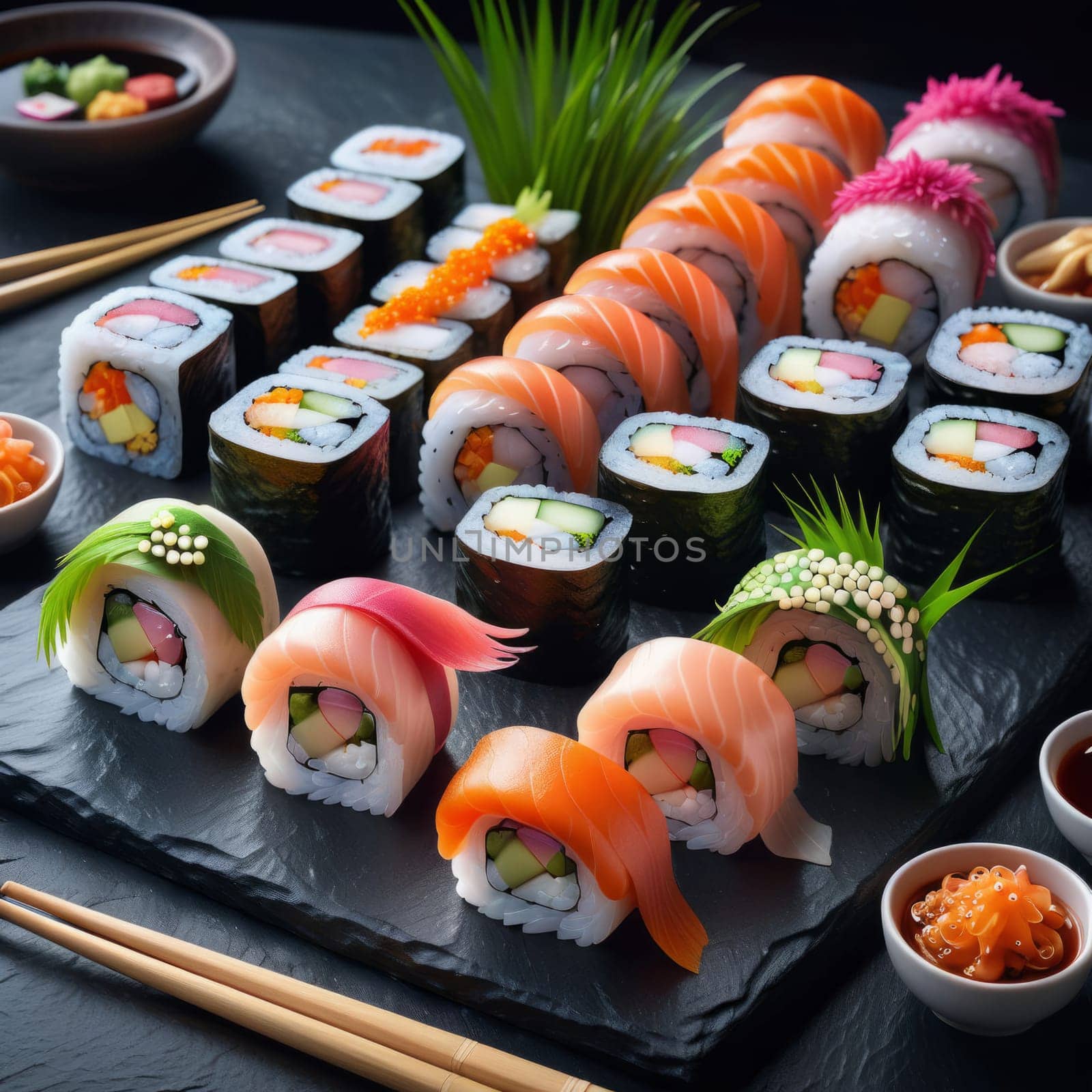 Beautifully arranged sushi selection with fresh fish, vibrant vegetables, and rice. Perfect for showcasing Japanese cuisine, appealing to food enthusiasts and culinary professionals alike