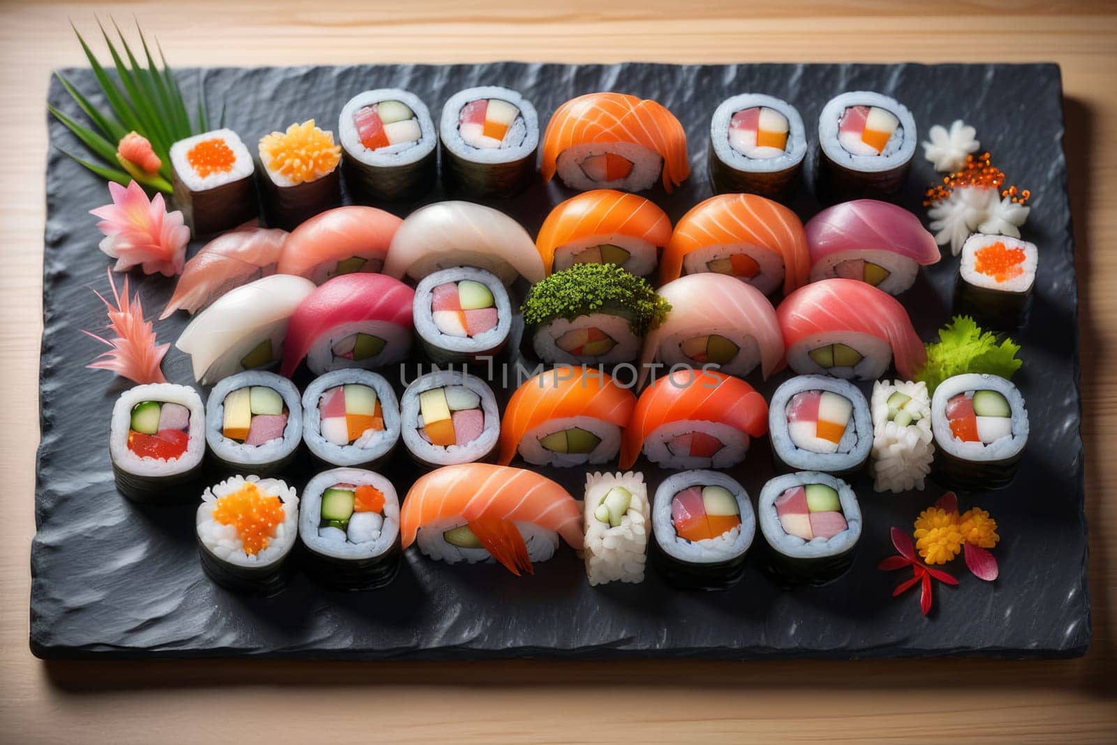 Beautifully arranged sushi selection with fresh fish, vibrant vegetables, and rice. Perfect for showcasing Japanese cuisine, appealing to food enthusiasts and culinary professionals alike