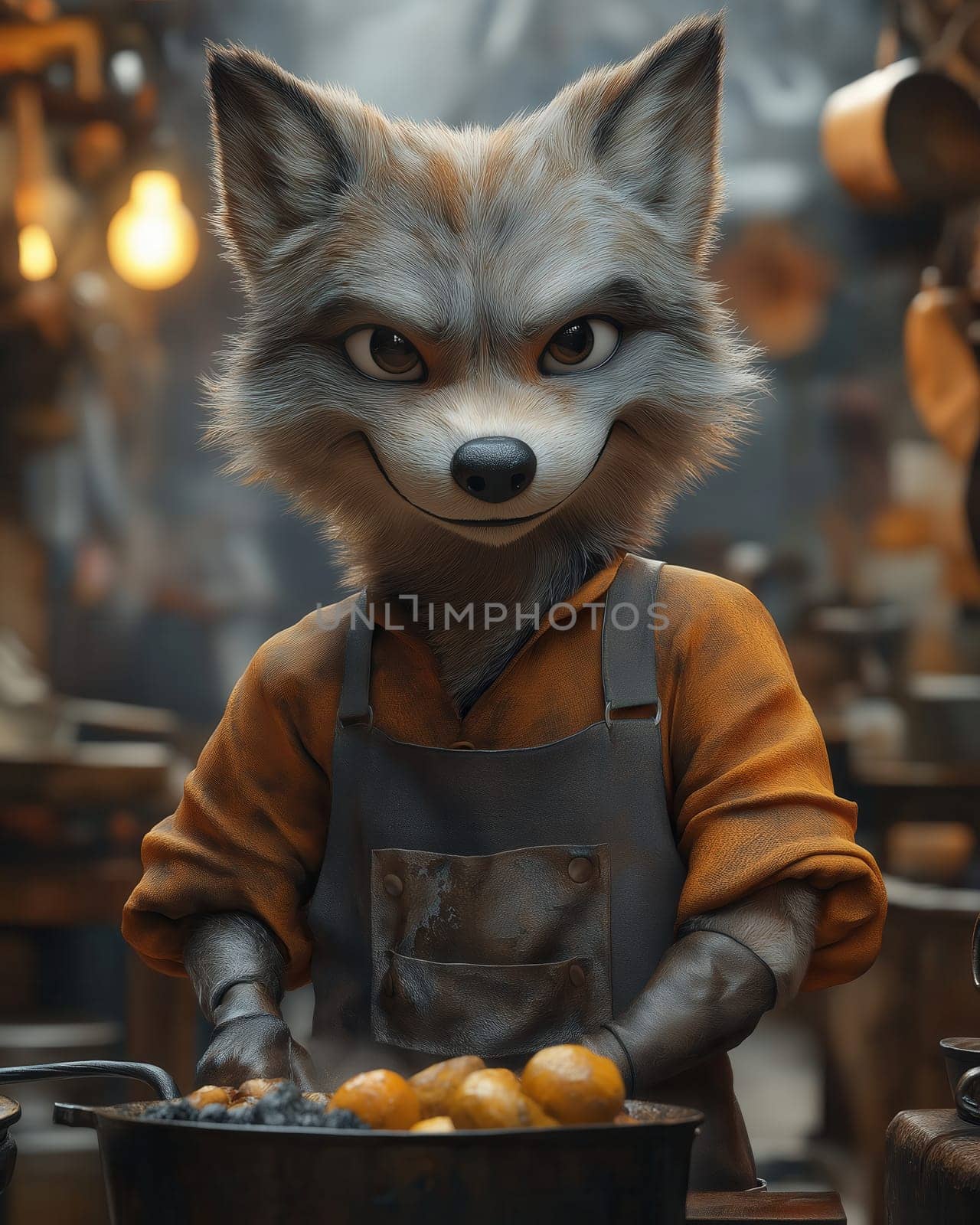 Illustration of a wolf working in an apron in a workshop. Selective focus.