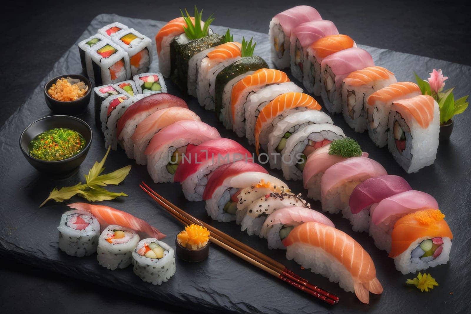 Beautifully arranged sushi selection with fresh fish, vibrant vegetables, and rice. Perfect for showcasing Japanese cuisine, appealing to food enthusiasts and culinary professionals alike