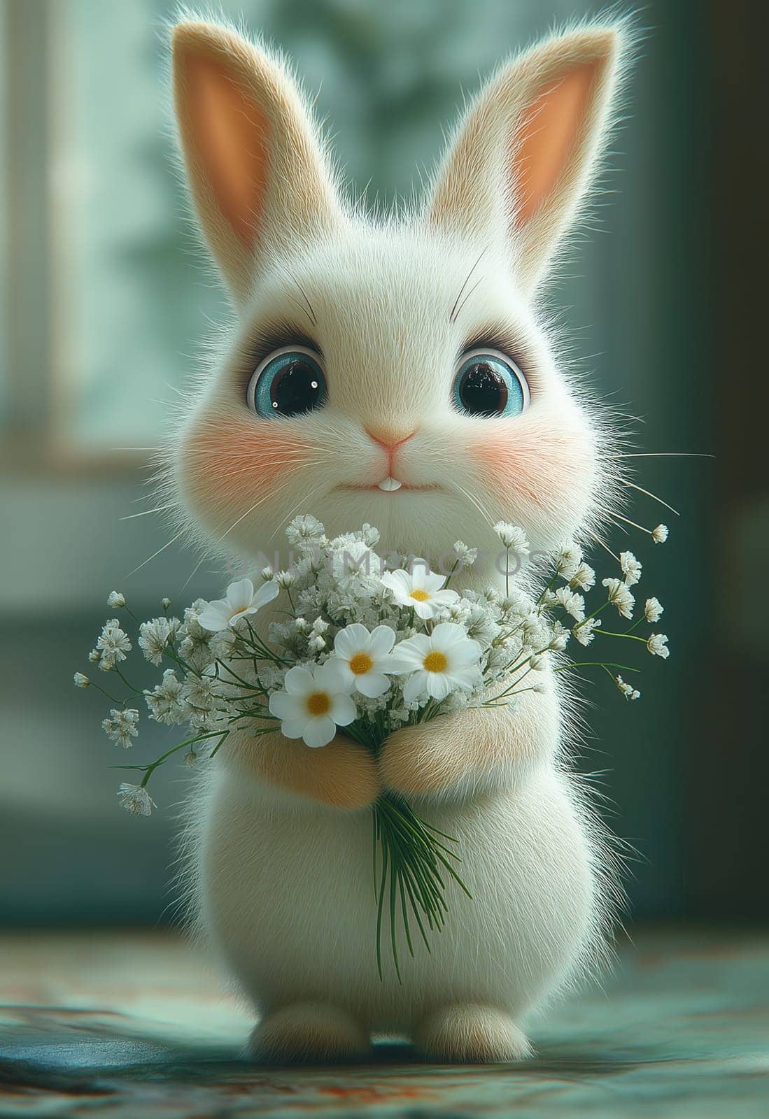 Illustration of a rabbit holding a bouquet of white flowers. Selective focus.