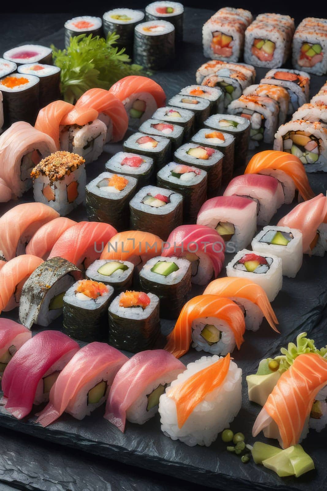 Beautifully arranged sushi selection with fresh fish, vibrant vegetables, and rice. Perfect for showcasing Japanese cuisine, appealing to food enthusiasts and culinary professionals alike