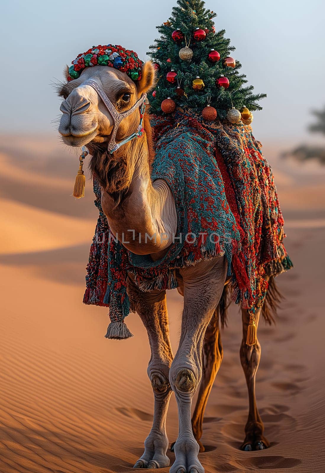 A camel in the desert delivering a Christmas tree. Selective focus.