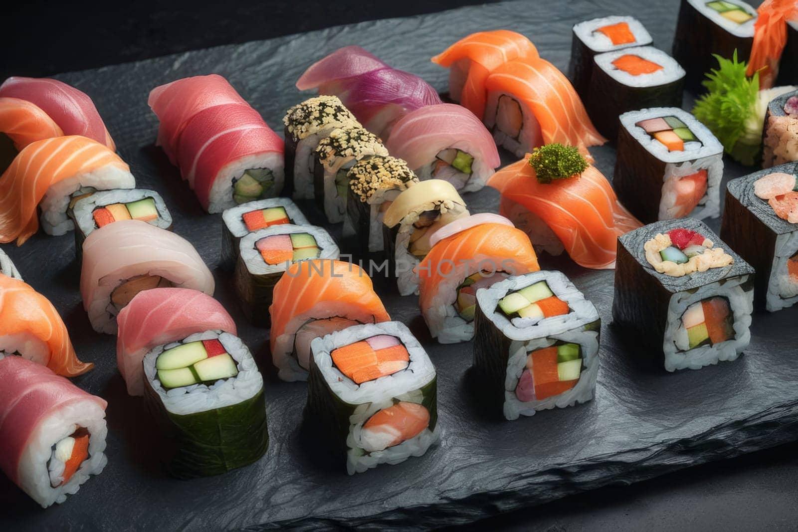Beautifully arranged sushi selection with fresh fish, vibrant vegetables, and rice. Perfect for showcasing Japanese cuisine, appealing to food enthusiasts and culinary professionals alike