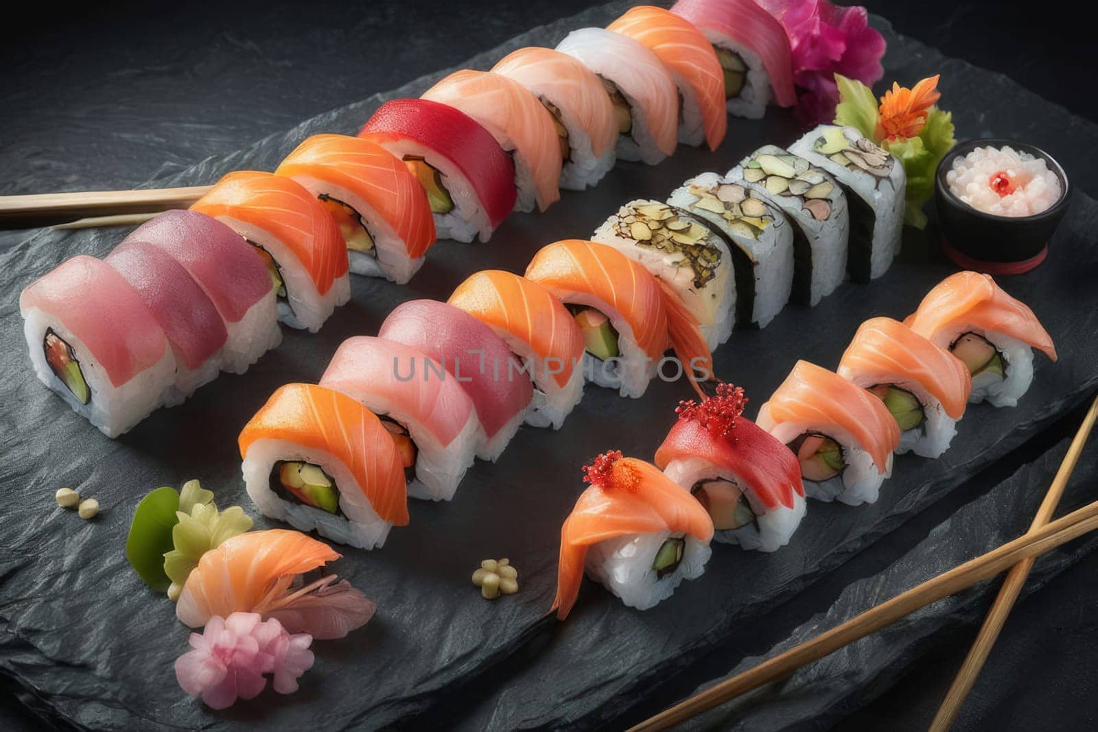 Beautifully arranged sushi selection with fresh fish, vibrant vegetables, and rice. Perfect for showcasing Japanese cuisine, appealing to food enthusiasts and culinary professionals alike