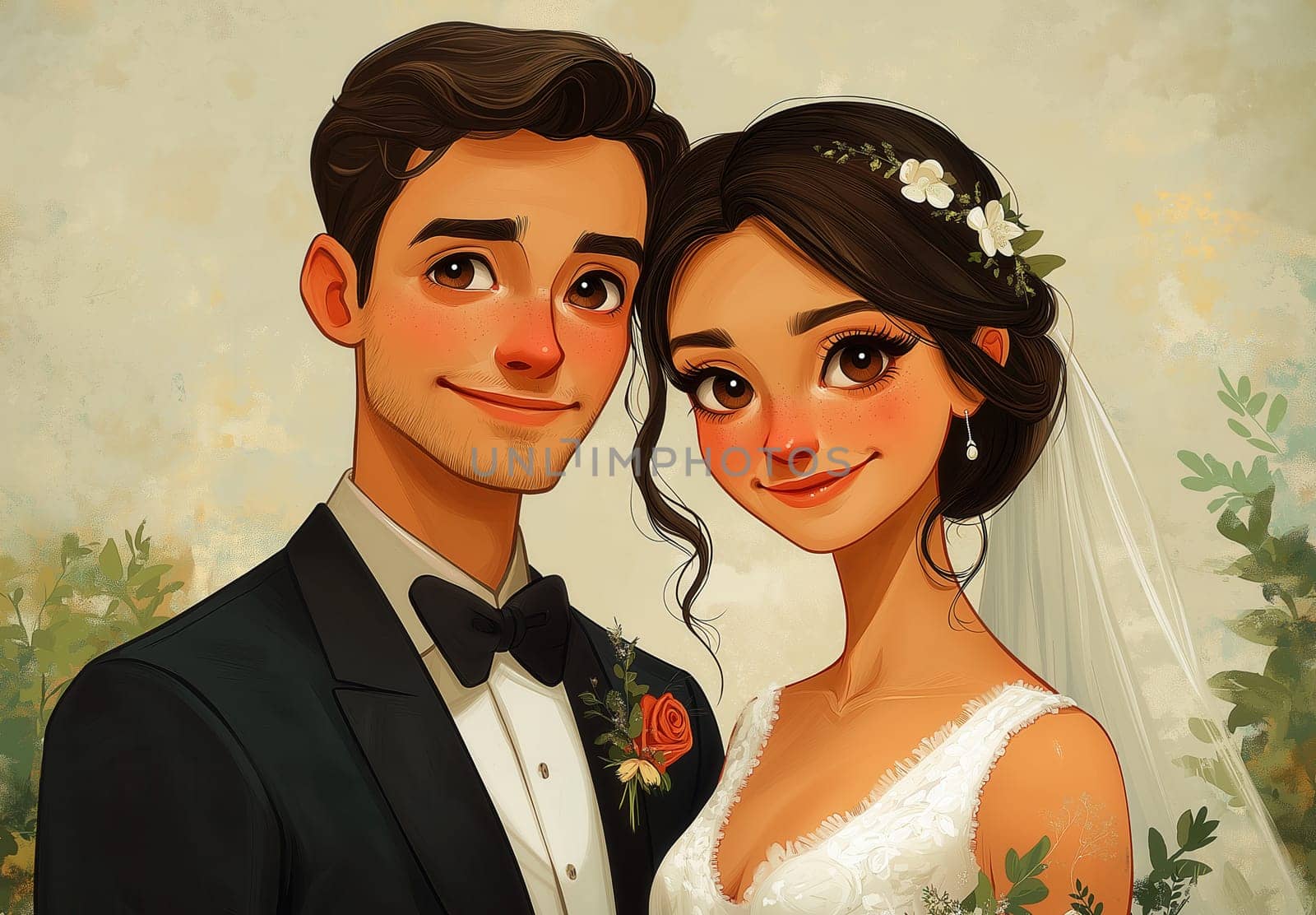 Illustration of a bride and groom on a cream background. Selective focus.