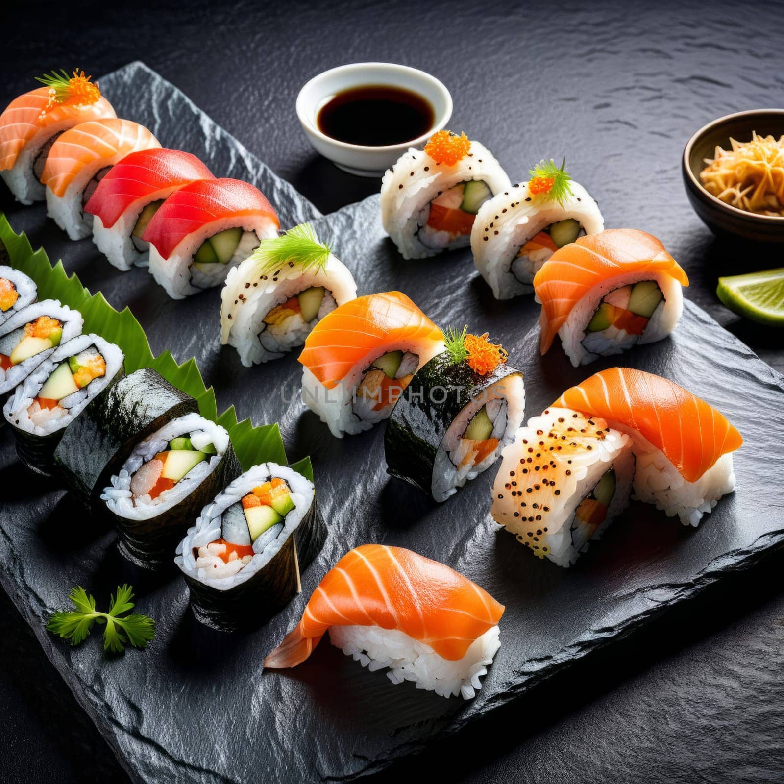 Gourmet sushi display featuring colorful rolls, sashimi, and garnishes. Ideal for food styling, restaurant advertising, and culinary articles, highlighting fresh ingredients and artistic presentation