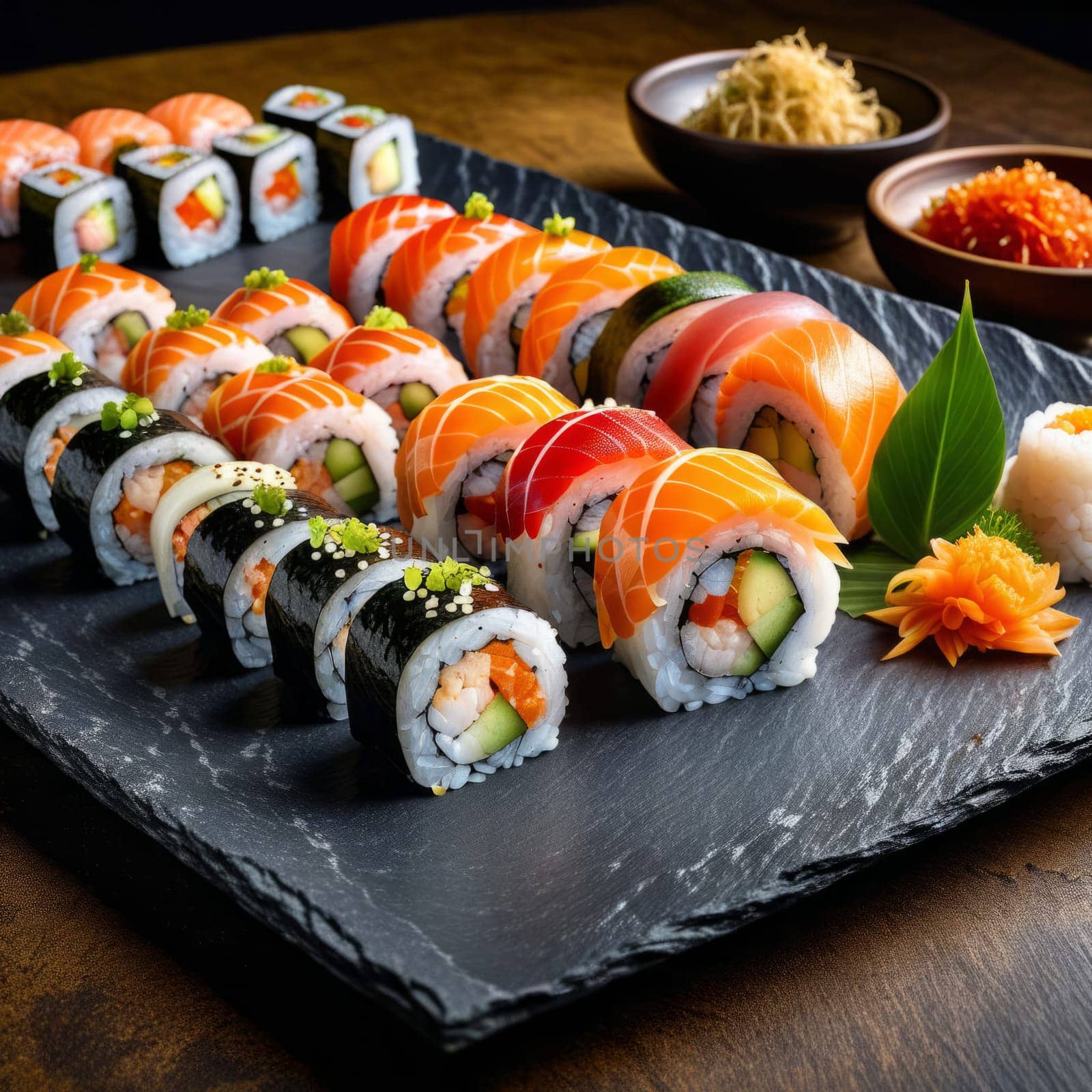 Gourmet sushi display featuring colorful rolls, sashimi, and garnishes. Ideal for food styling, restaurant advertising, and culinary articles, highlighting fresh ingredients and artistic presentation