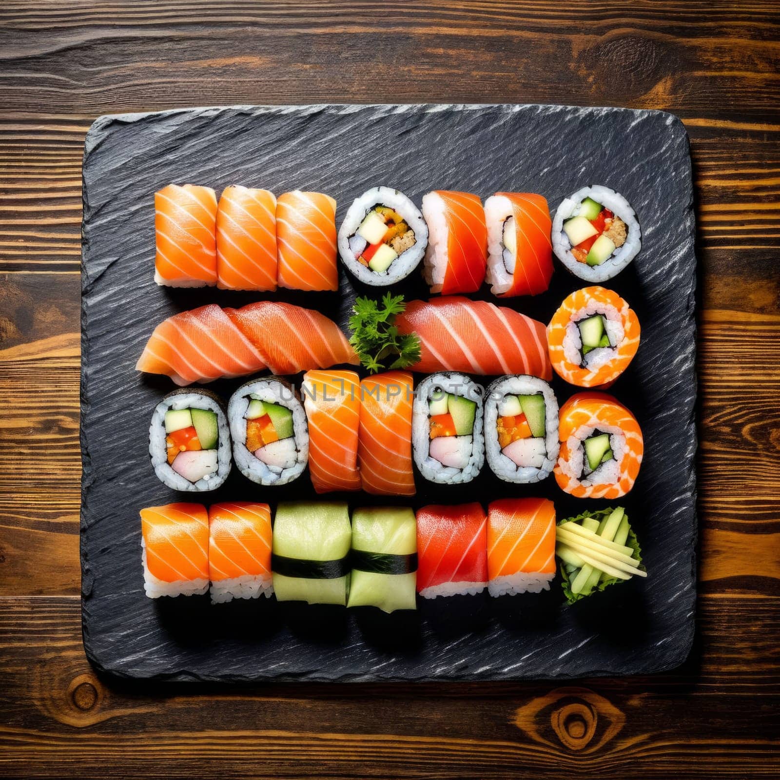 Gourmet sushi display featuring colorful rolls, sashimi, and garnishes. Ideal for food styling, restaurant advertising, and culinary articles, highlighting fresh ingredients and artistic presentation