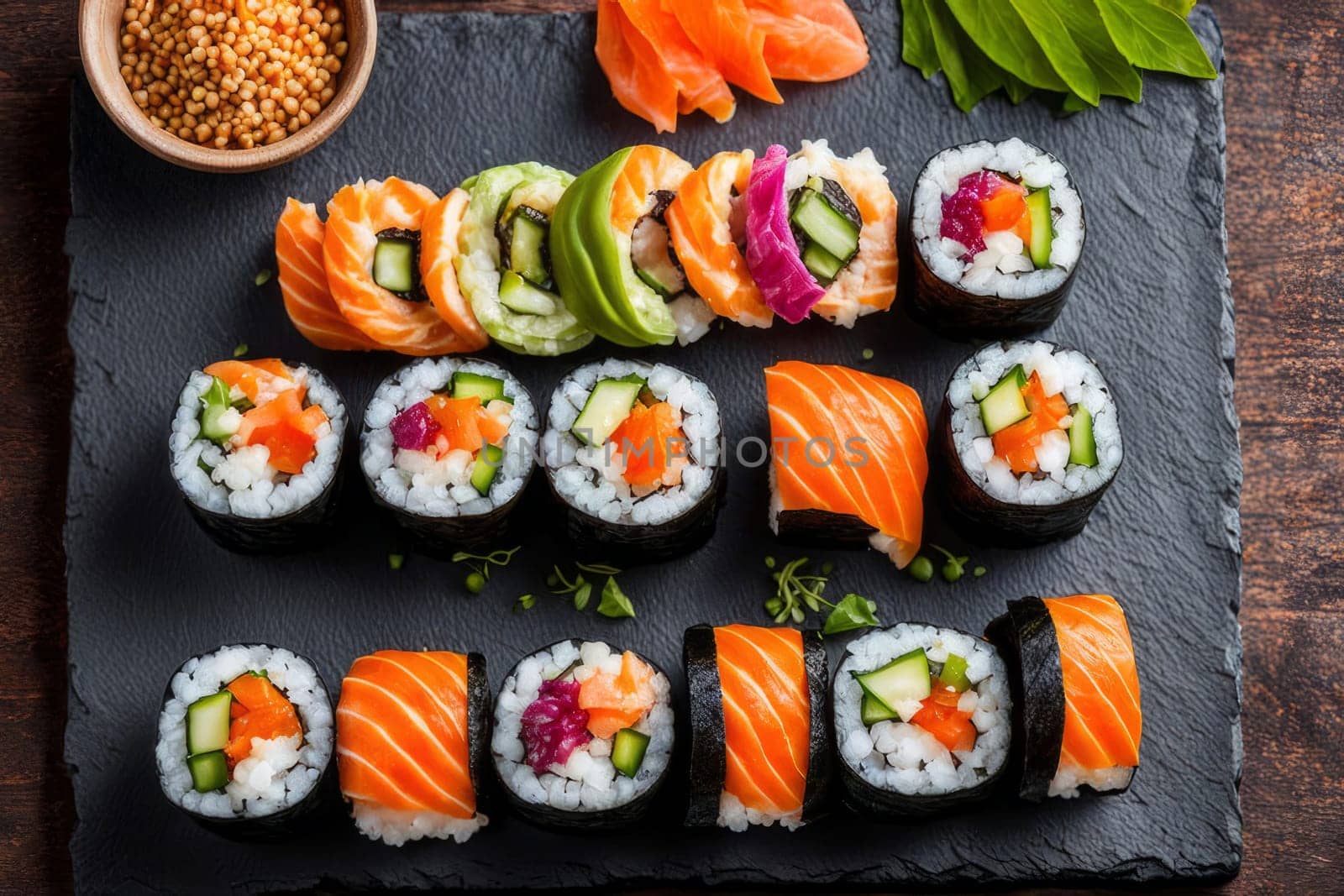 Gourmet sushi display featuring colorful rolls, sashimi, and garnishes. Ideal for food styling, restaurant advertising, and culinary articles, highlighting fresh ingredients and artistic presentation