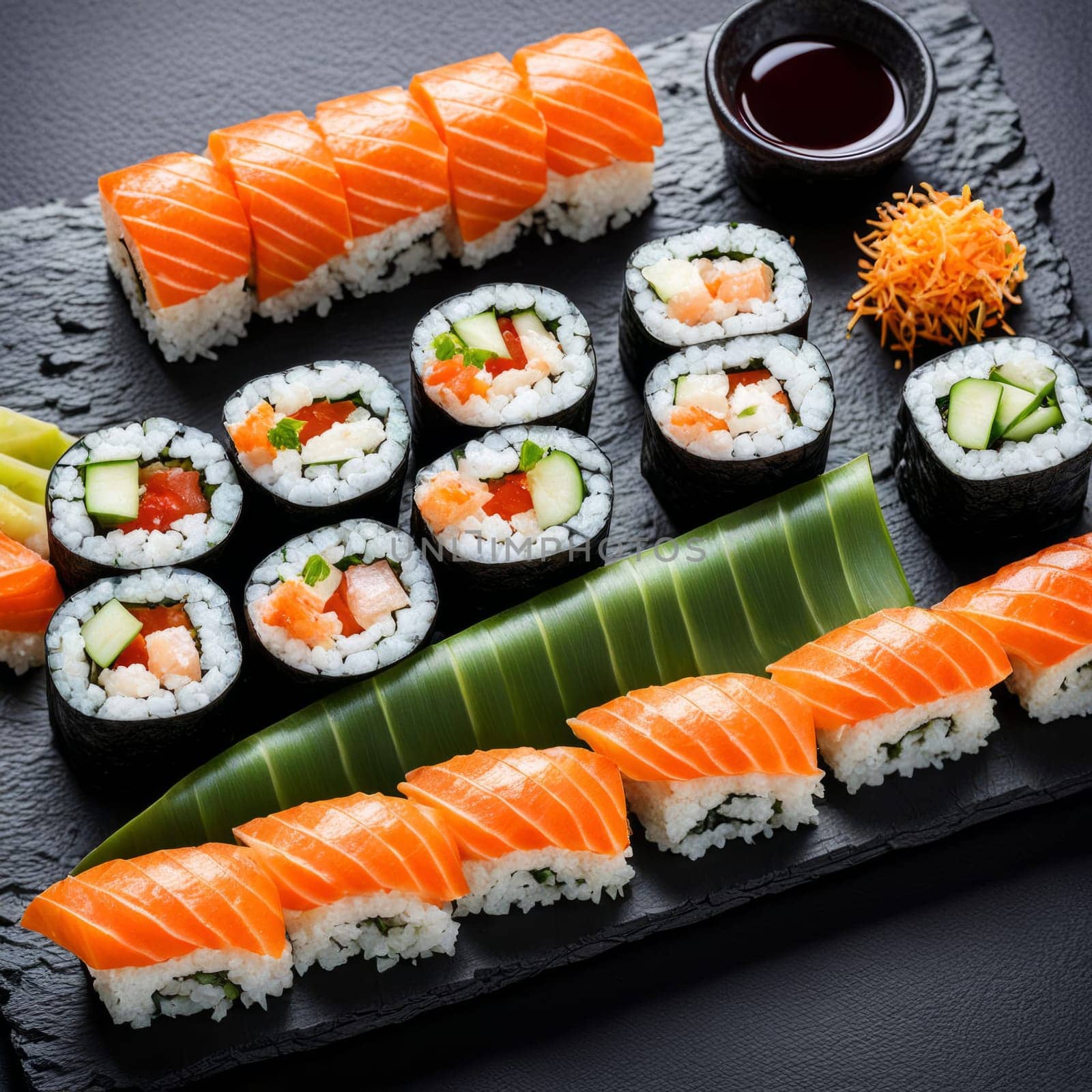 Gourmet sushi display featuring colorful rolls, sashimi, and garnishes. Ideal for food styling, restaurant advertising, and culinary articles, highlighting fresh ingredients and artistic presentation