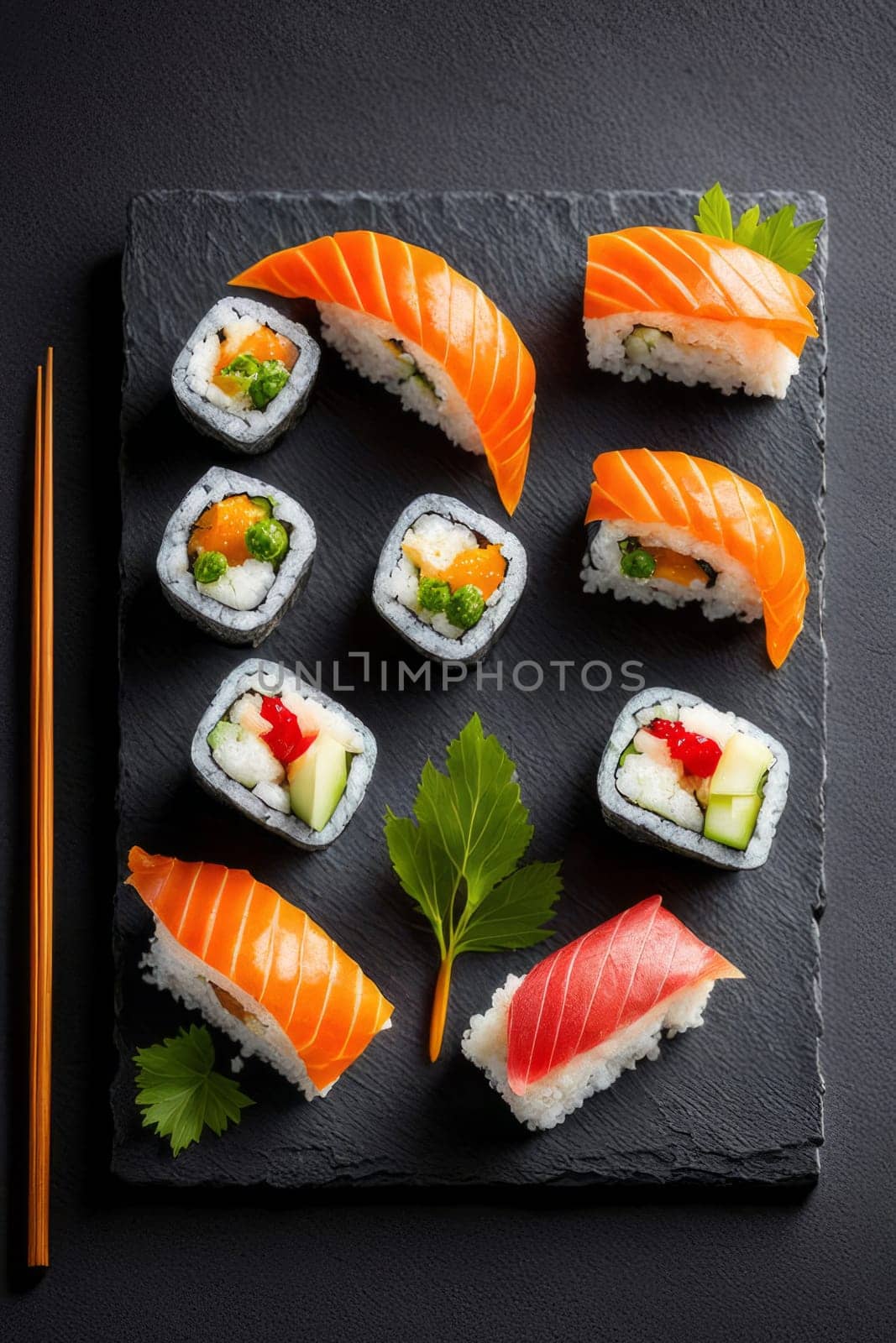 Gourmet sushi display featuring colorful rolls, sashimi, and garnishes. Ideal for food styling, restaurant advertising, and culinary articles, highlighting fresh ingredients and artistic presentation