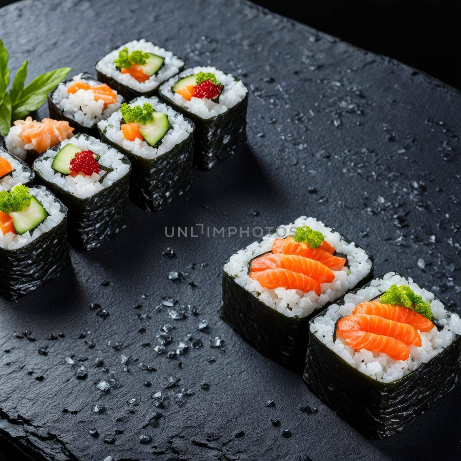 Gourmet sushi display featuring colorful rolls, sashimi, and garnishes. Ideal for food styling, restaurant advertising, and culinary articles, highlighting fresh ingredients and artistic presentation