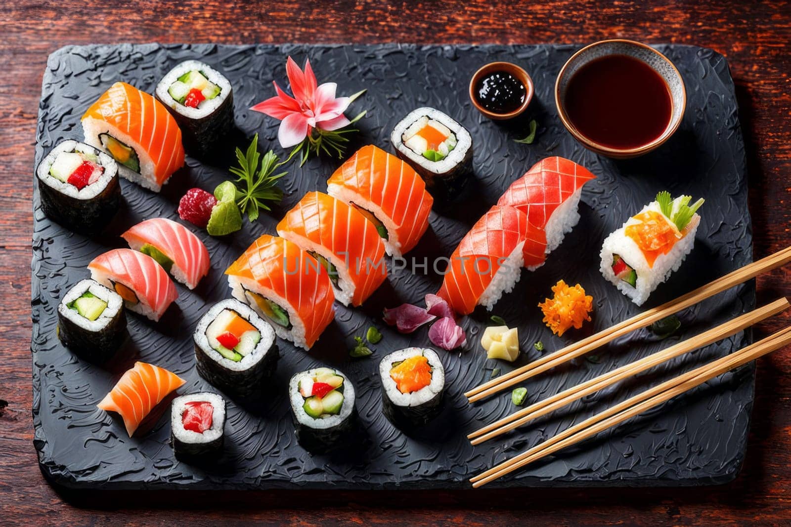 Gourmet sushi display featuring colorful rolls, sashimi, and garnishes. Ideal for food styling, restaurant advertising, and culinary articles, highlighting fresh ingredients and artistic presentation