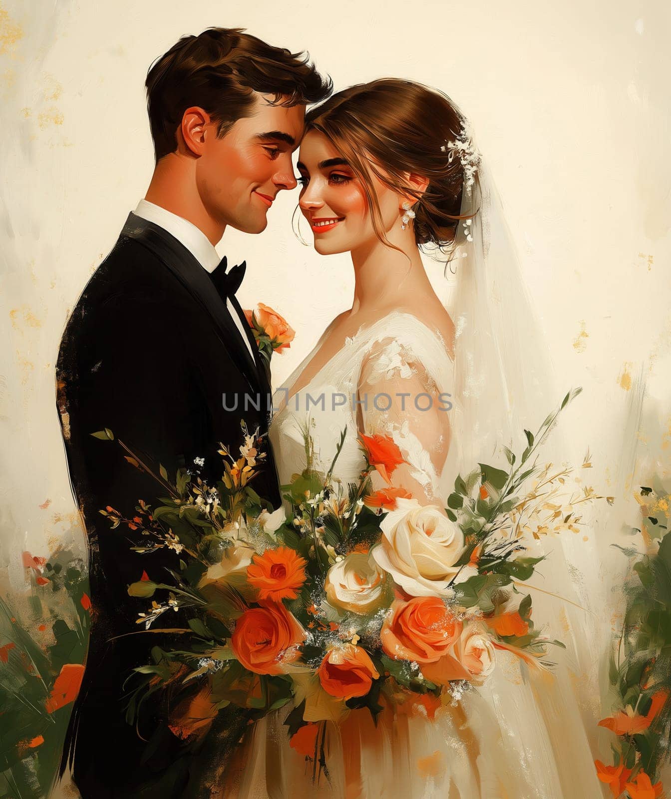 Illustration of a bride and groom on a cream background. Selective focus.