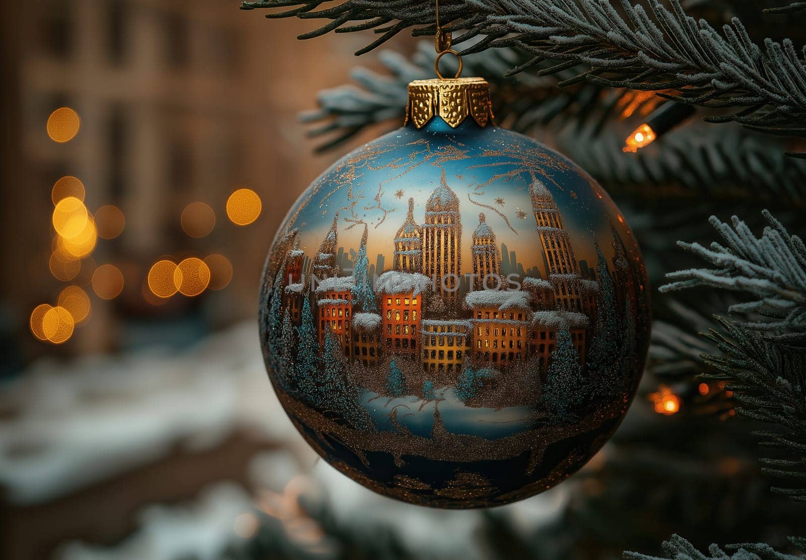 Christmas ball with cityscape on Christmas tree. Selective focus.