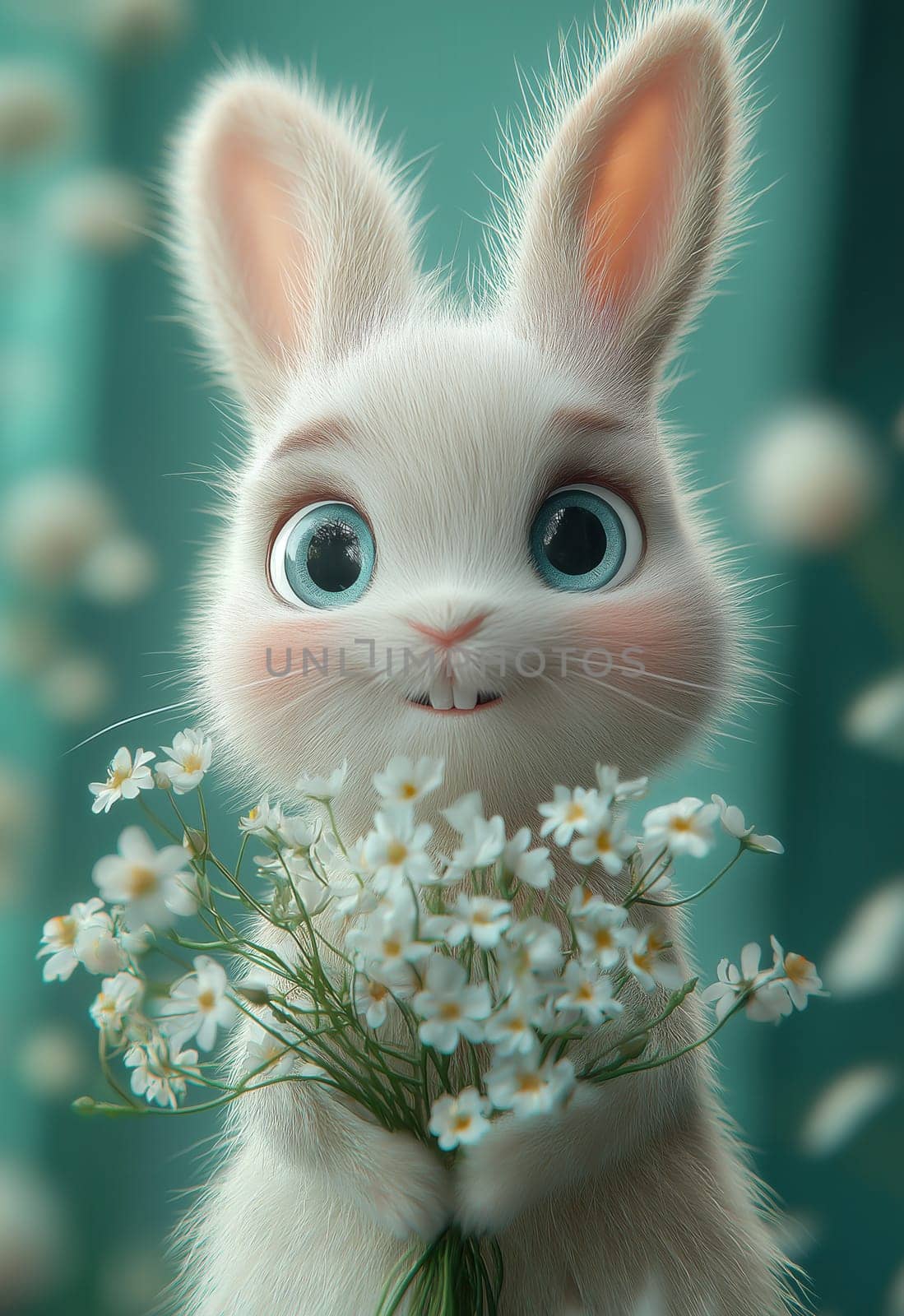 Illustration of a rabbit holding a bouquet of white flowers. Selective focus.