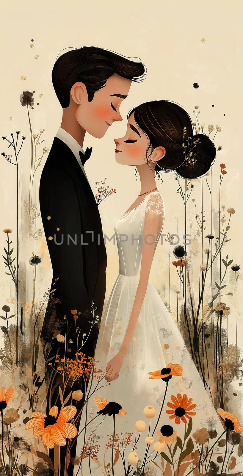 A cartoon illustration of a bride and groom on a cream background. Selective focus.