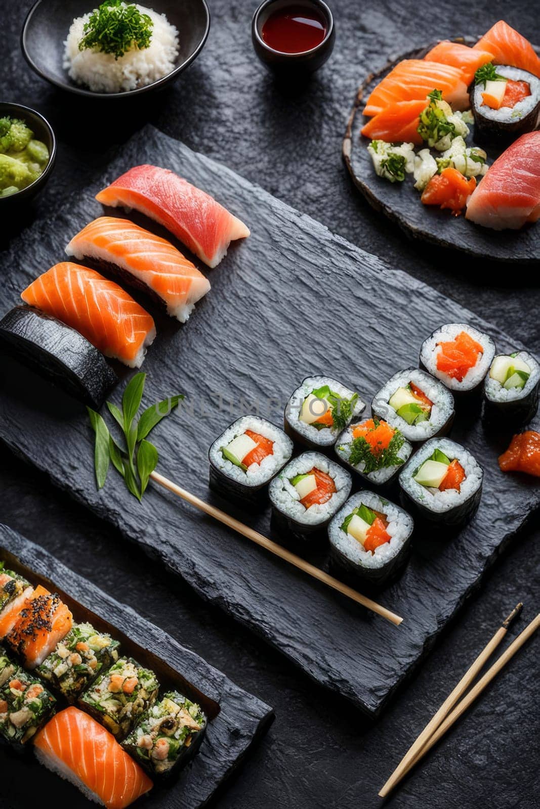 Gourmet sushi display featuring colorful rolls, sashimi, and garnishes. Ideal for food styling, restaurant advertising, and culinary articles, highlighting fresh ingredients and artistic presentation