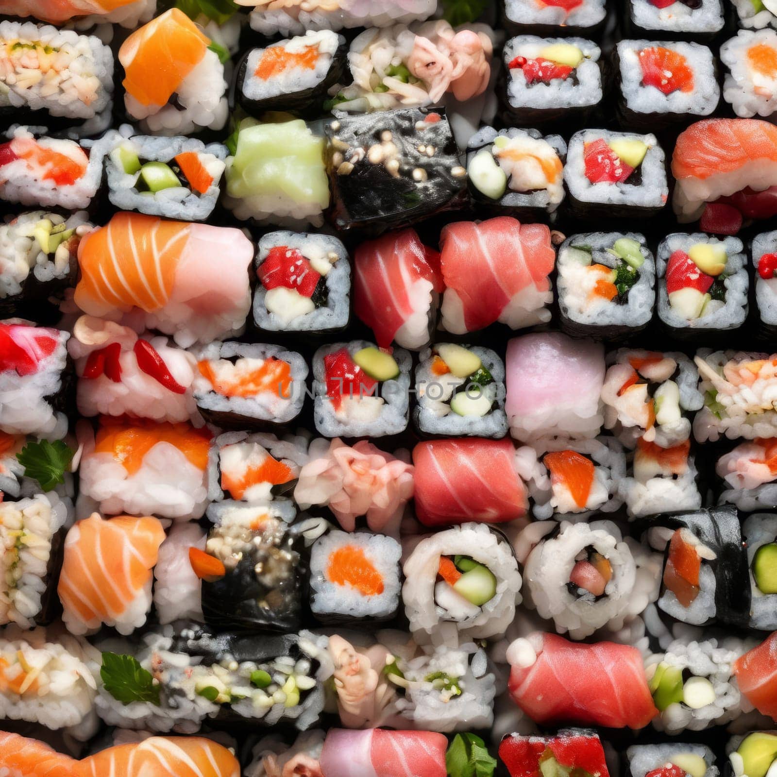 Gourmet sushi display featuring colorful rolls, sashimi, and garnishes. Ideal for food styling, restaurant advertising, and culinary articles, highlighting fresh ingredients and artistic presentation