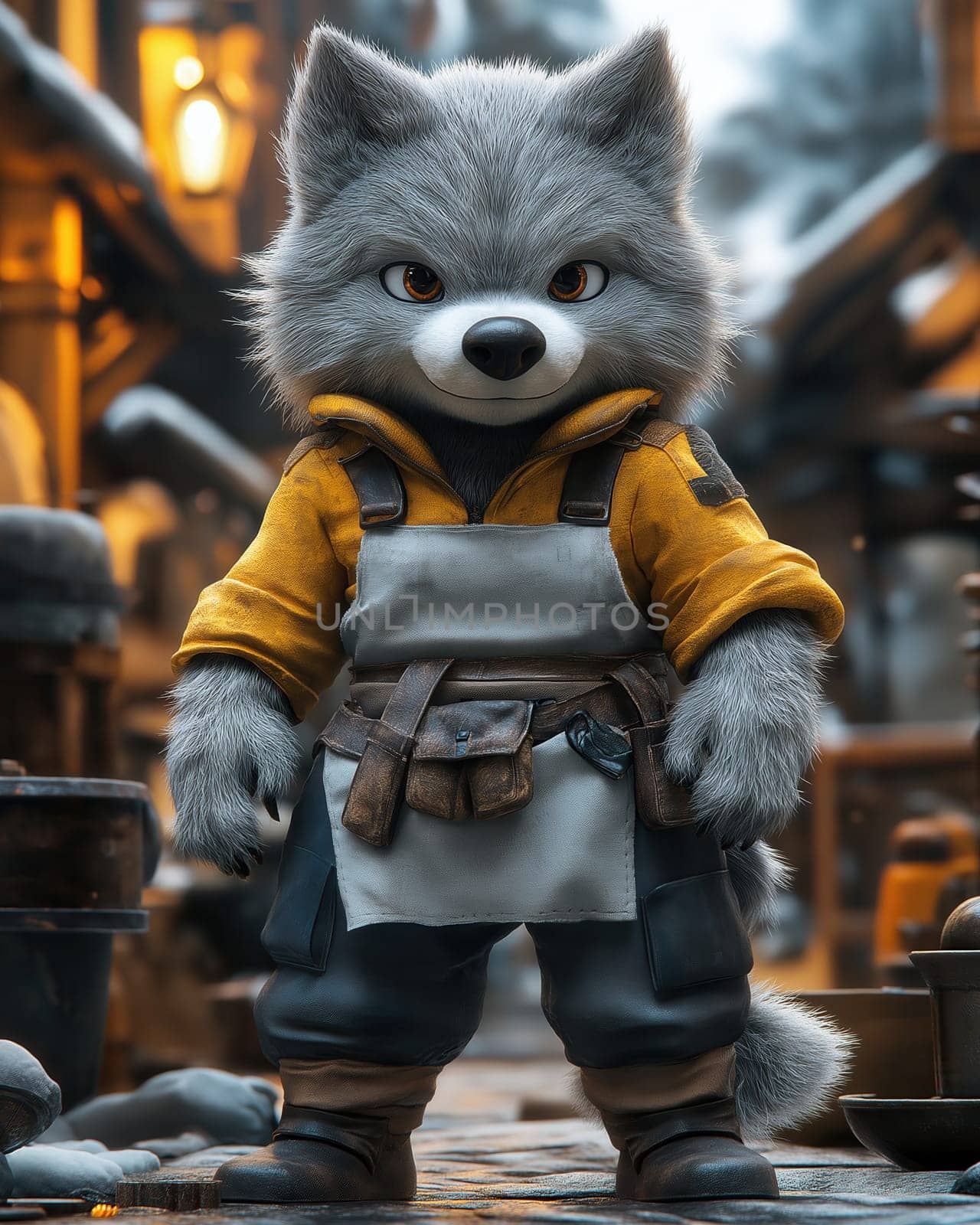 Illustration of a wolf working in an apron in a workshop. Selective focus.
