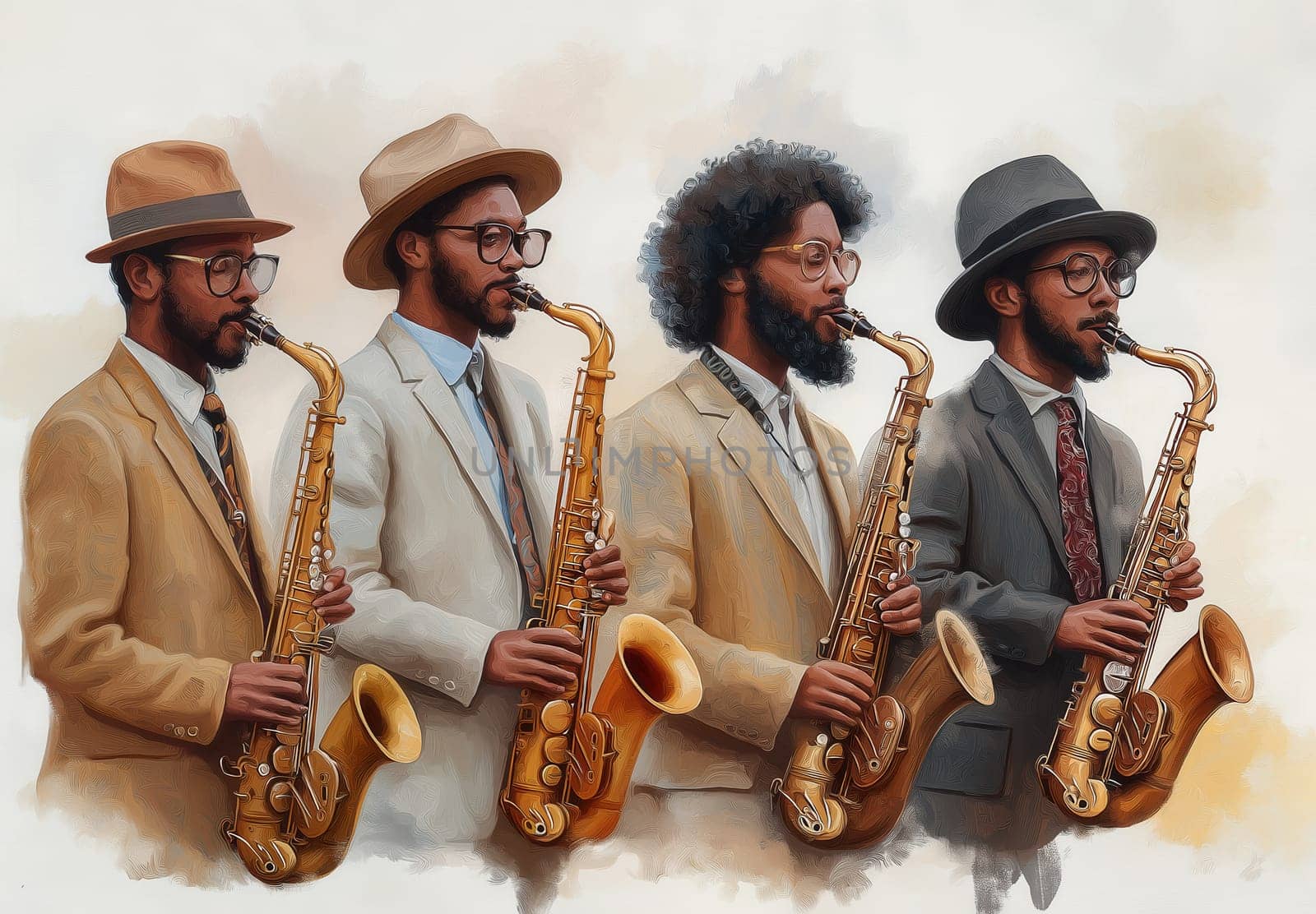 Musicians playing saxophones in stylish attire. Selective focus.