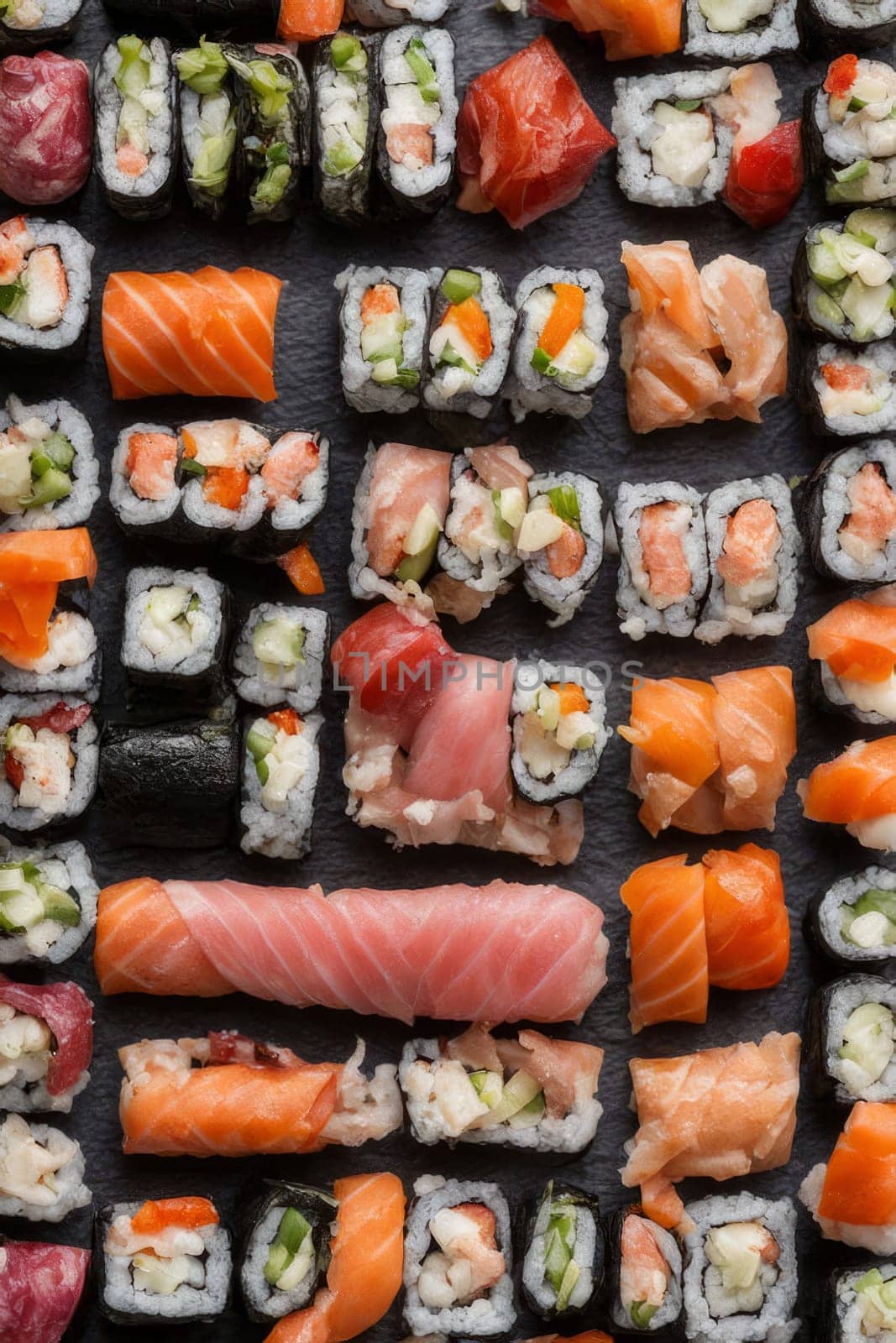 Gourmet sushi display featuring colorful rolls, sashimi, and garnishes. Ideal for food styling, restaurant advertising, and culinary articles, highlighting fresh ingredients and artistic presentation