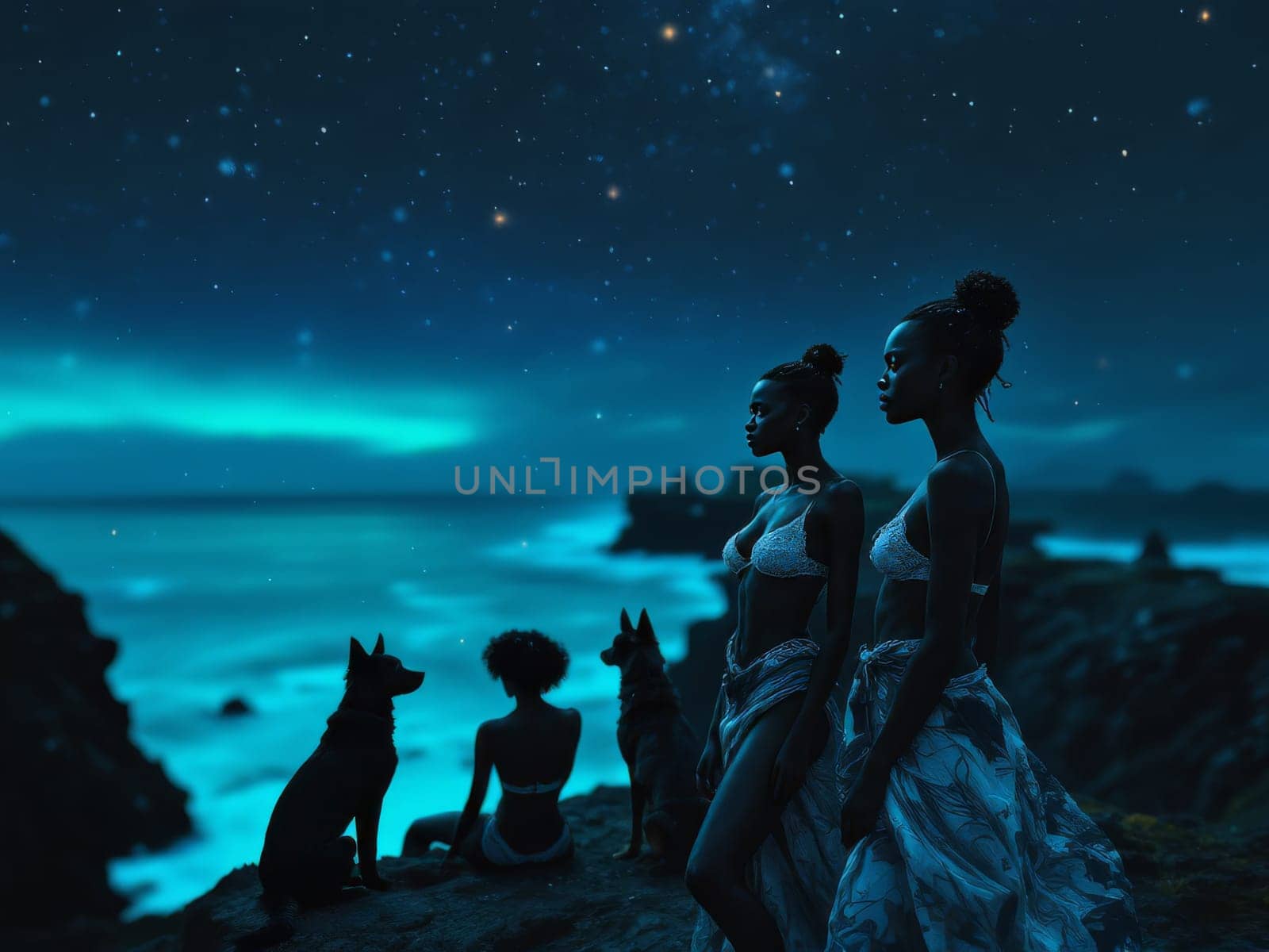 Three young black women and their dogs admiring a beautiful starry sky with northern lights over the ocean at night. Ai generated