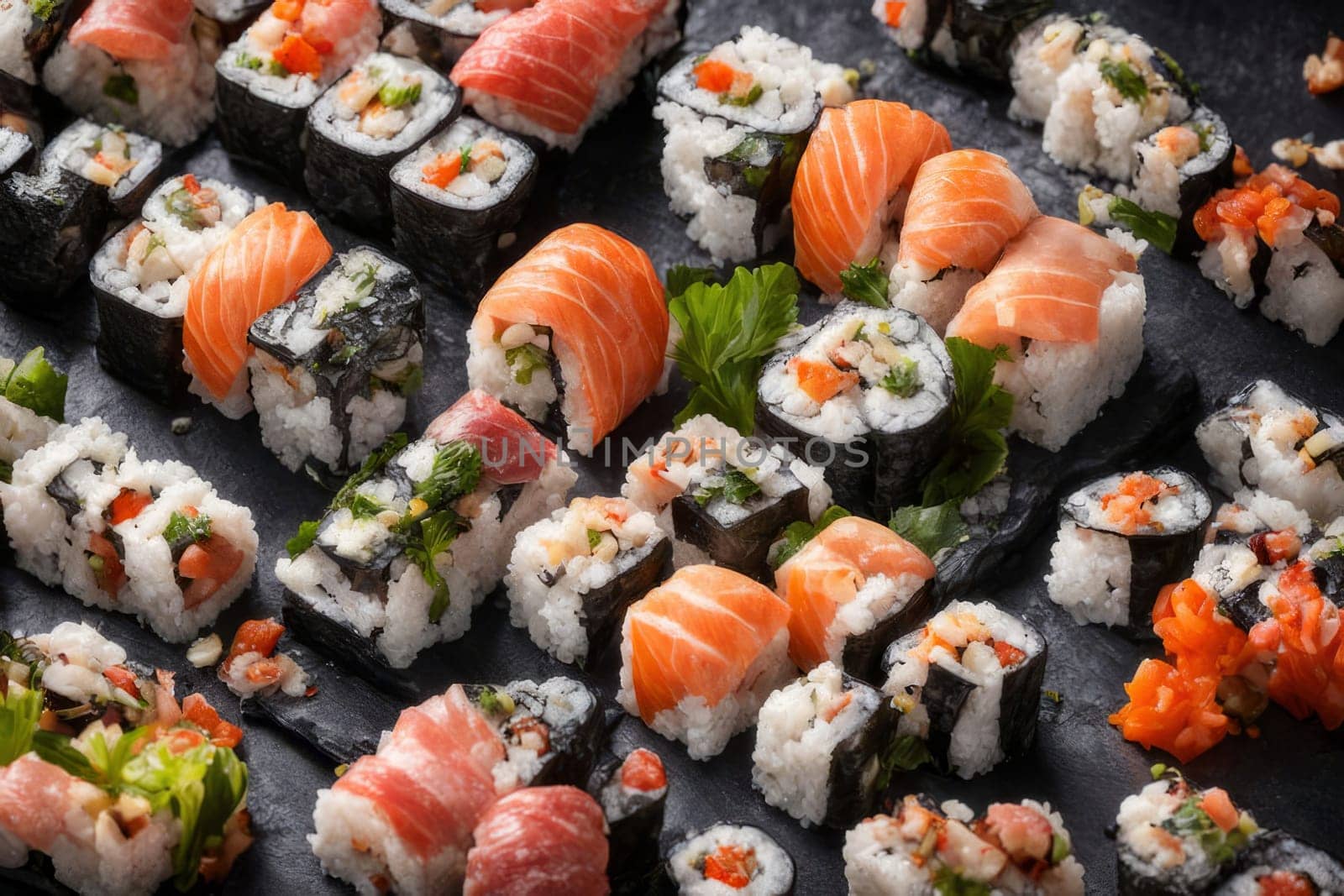 Gourmet sushi display featuring colorful rolls, sashimi, and garnishes. Ideal for food styling, restaurant advertising, and culinary articles, highlighting fresh ingredients and artistic presentation