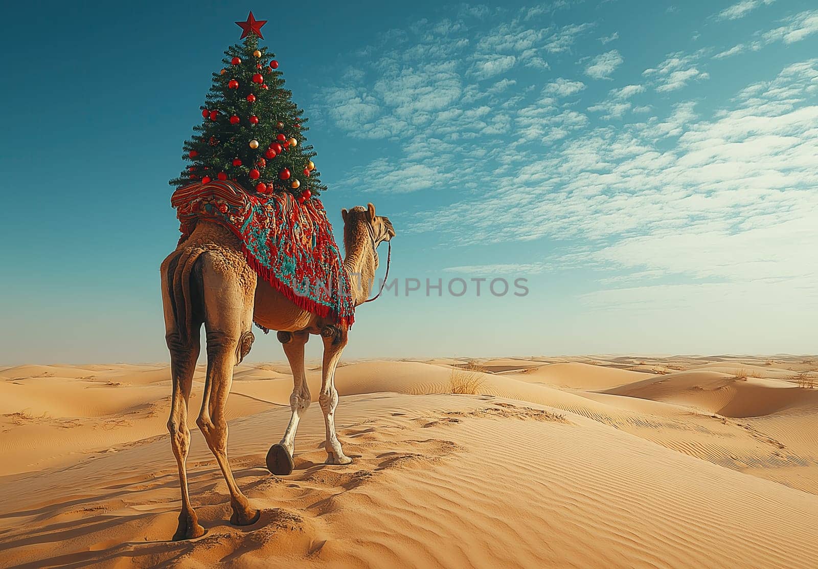 A camel in the desert delivering a Christmas tree. Selective focus.