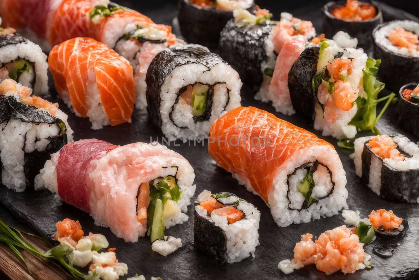 Gourmet sushi display featuring colorful rolls, sashimi, and garnishes. Ideal for food styling, restaurant advertising, and culinary articles, highlighting fresh ingredients and artistic presentation
