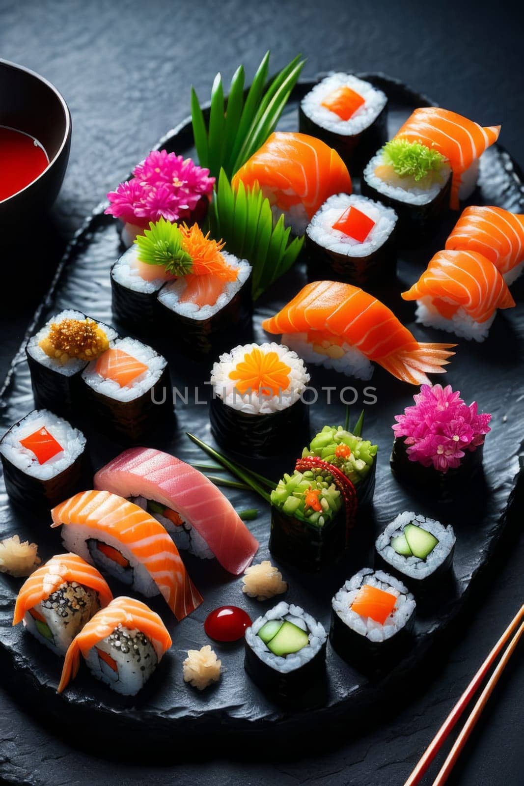 Gourmet sushi display featuring colorful rolls, sashimi, and garnishes. Ideal for food styling, restaurant advertising, and culinary articles, highlighting fresh ingredients and artistic presentation