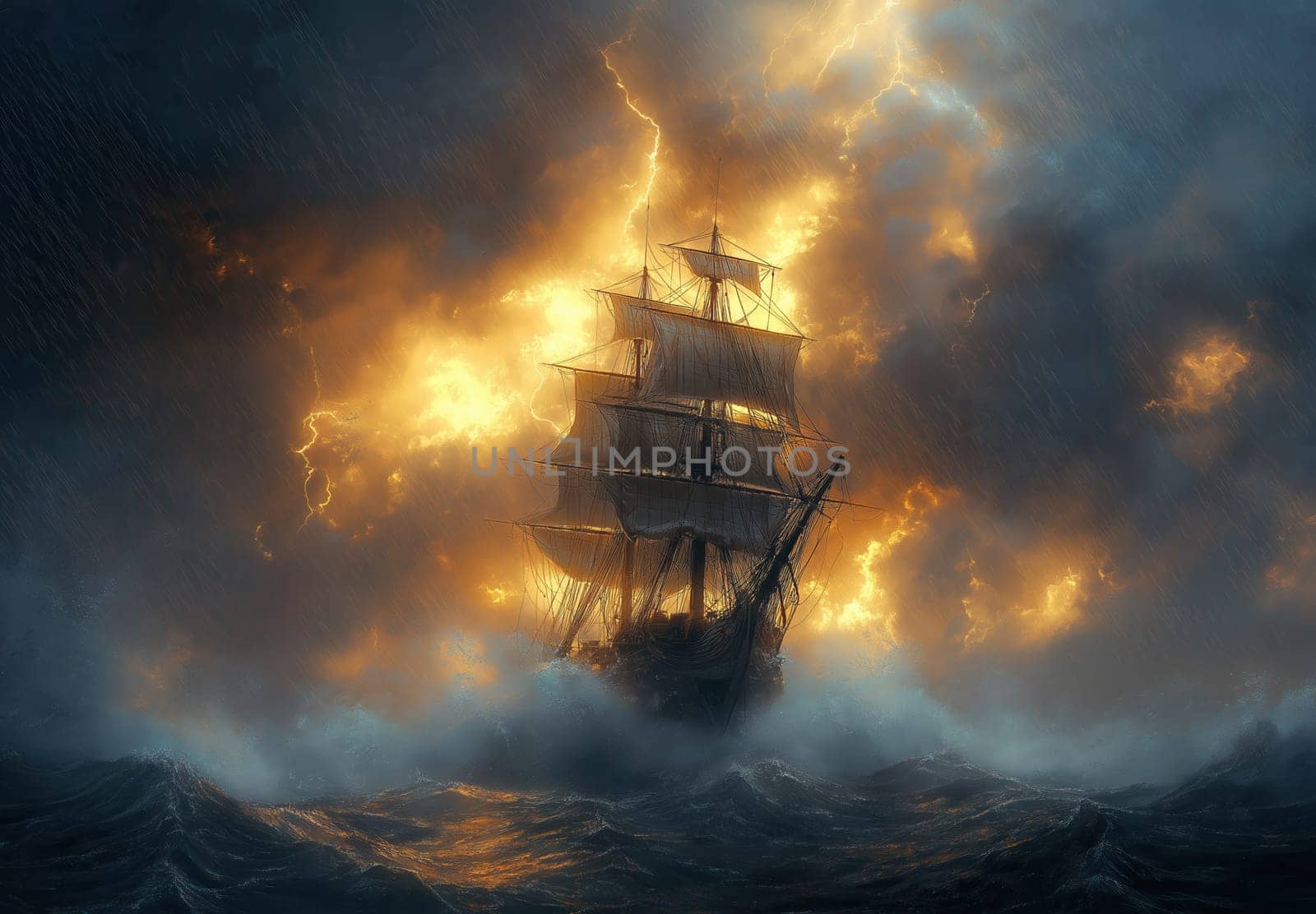 A sailing ship braves the waves on a stormy sea. Selective focus.