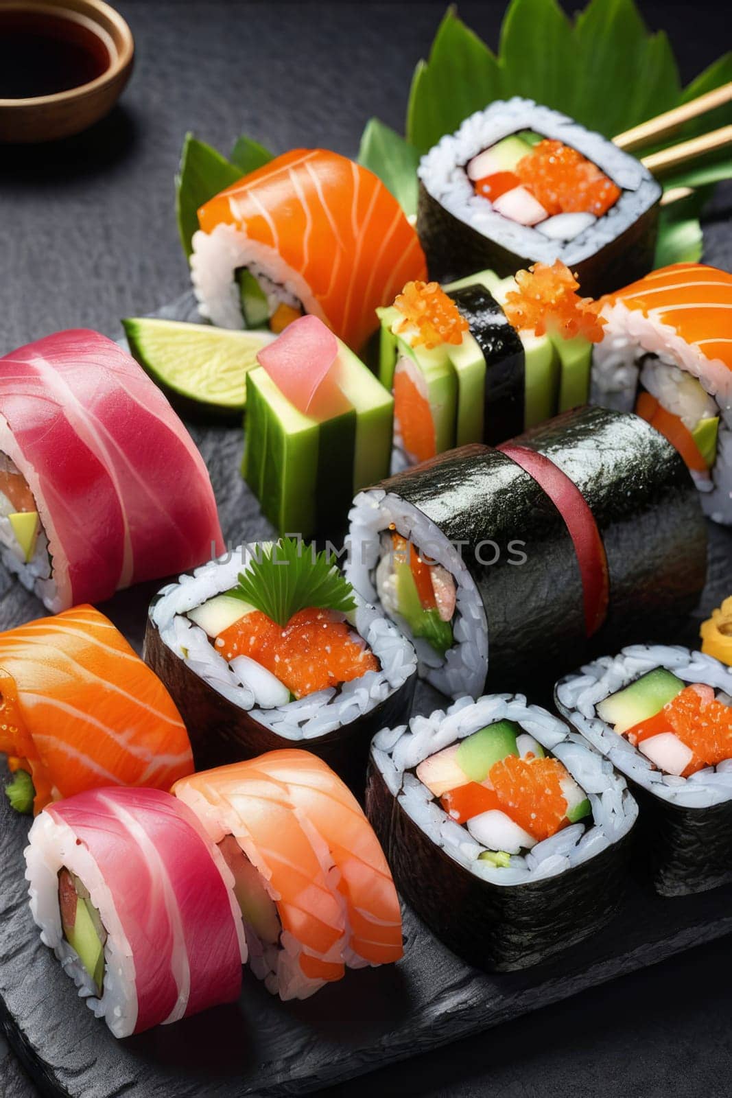 Gourmet sushi display featuring colorful rolls, sashimi, and garnishes. Ideal for food styling, restaurant advertising, and culinary articles, highlighting fresh ingredients and artistic presentation