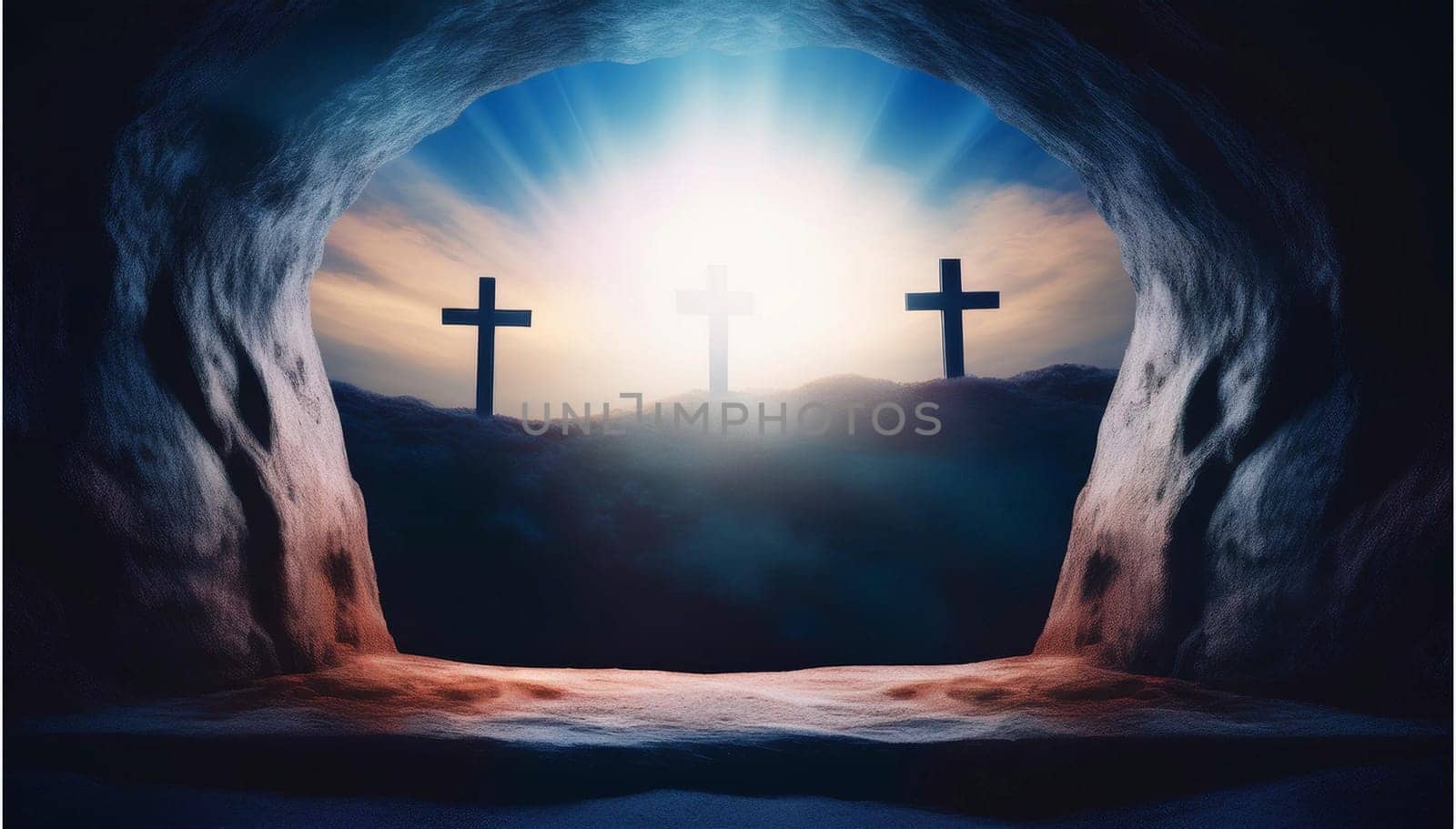 The concept of Easter Sunday, the cross of the crucifixion of Jesus Christ, the concept of the Christian faith. The tomb is empty with a cross in the background of the dawn Resurrection of Jesus generative ai High quality image
