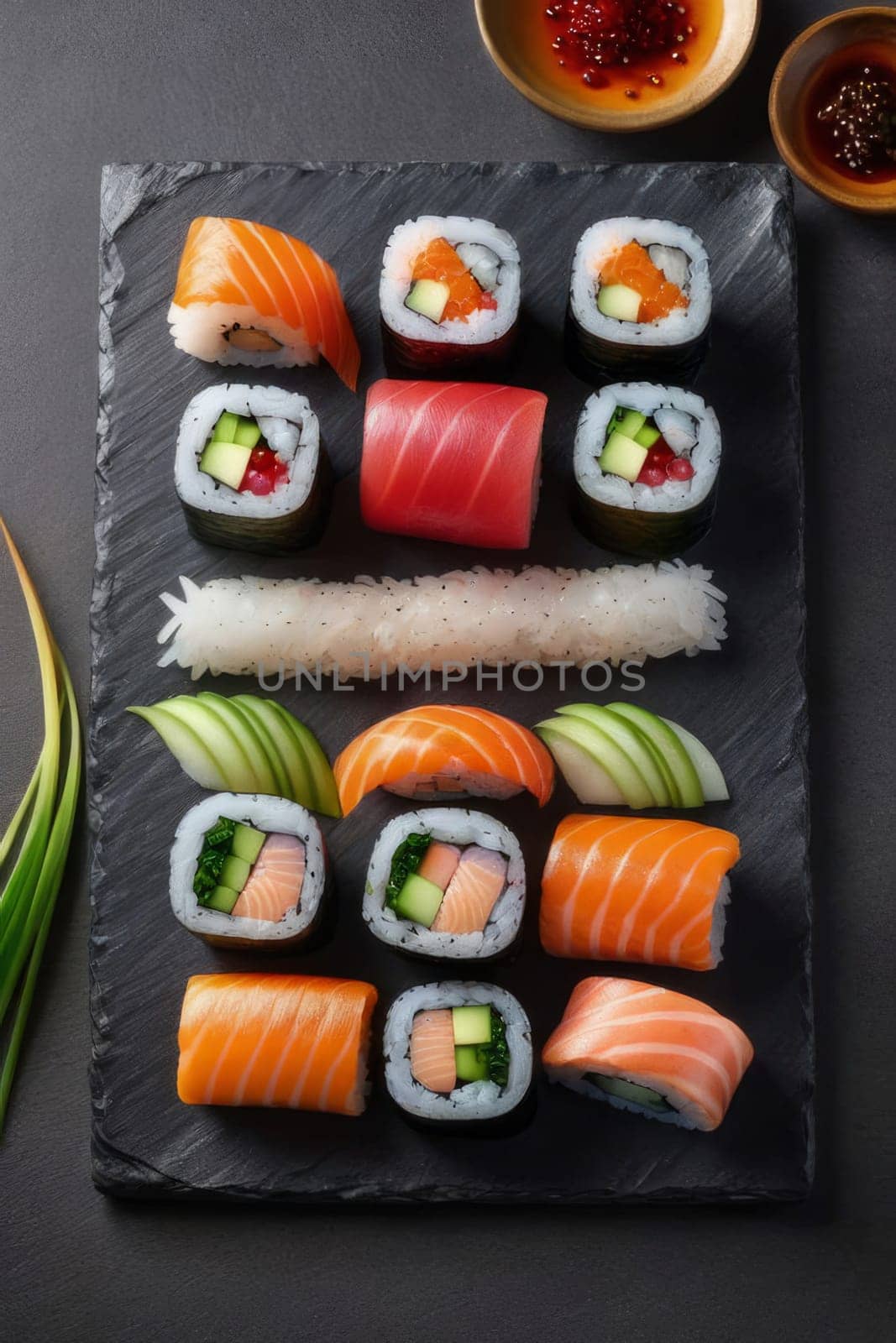Gourmet sushi display featuring colorful rolls, sashimi, and garnishes. Ideal for food styling, restaurant advertising, and culinary articles, highlighting fresh ingredients and artistic presentation