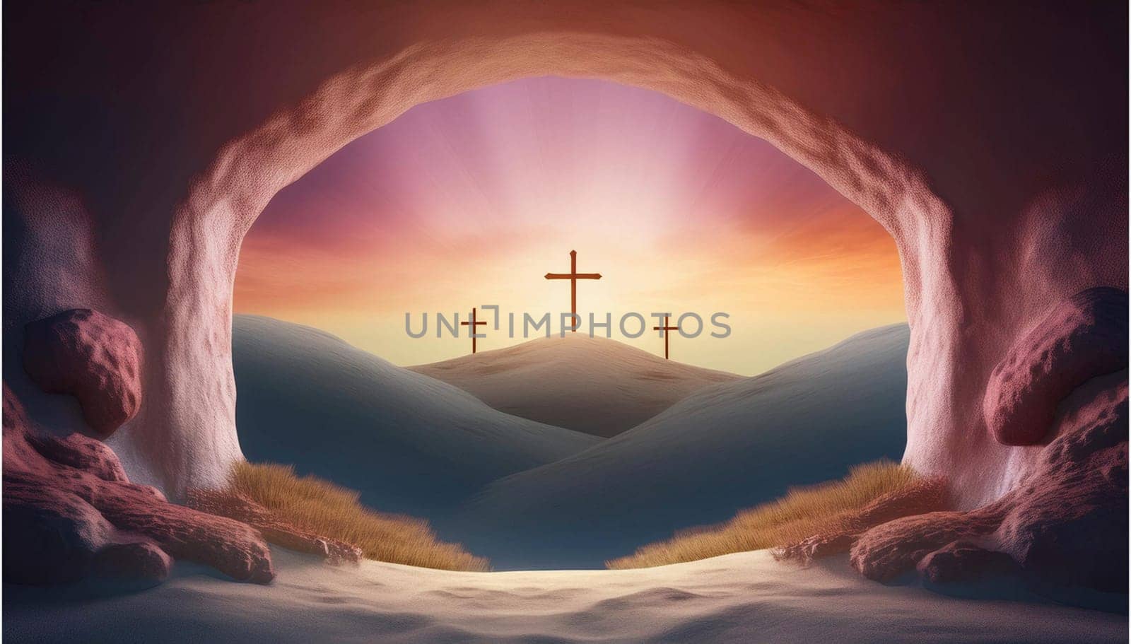 The concept of Easter Sunday, the cross of the crucifixion of Jesus Christ, the concept of the Christian faith. The tomb is empty with a cross in the background of the dawn Resurrection of Jesus generative ai High quality image