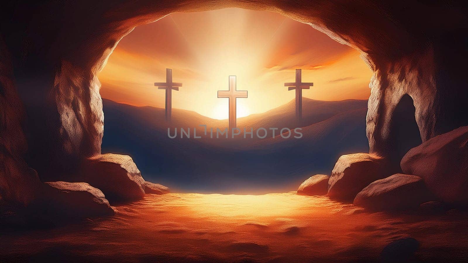 The concept of Easter Sunday, the cross of the crucifixion of Jesus Christ, the concept of the Christian faith. The tomb is empty with a cross in the background of the dawn Resurrection of Jesus generative ai High quality image