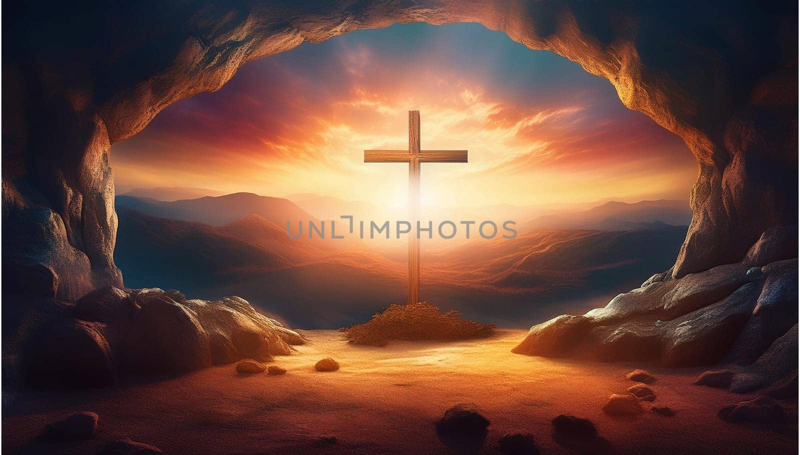 The concept of Easter Sunday, the cross of the crucifixion of Jesus Christ, the concept of the Christian faith. The tomb is empty with a cross in the background of the dawn Resurrection of Jesus generative ai High quality image