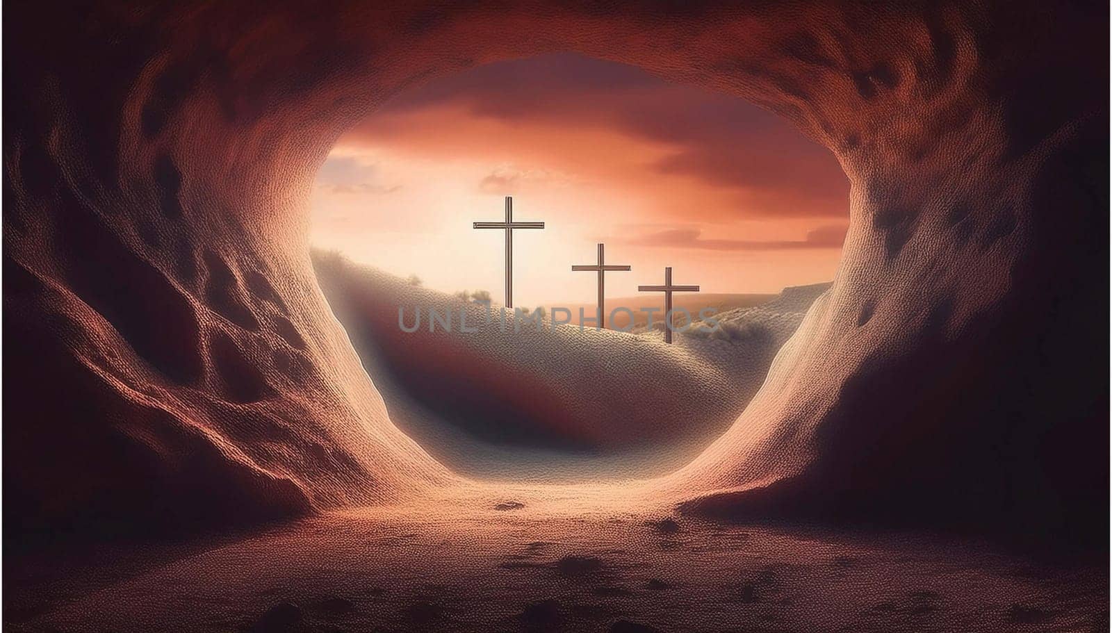 The concept of Easter Sunday, the cross of the crucifixion of Jesus Christ, the concept of the Christian faith. The tomb is empty with a cross in the background of the dawn Resurrection of Jesus generative ai High quality image