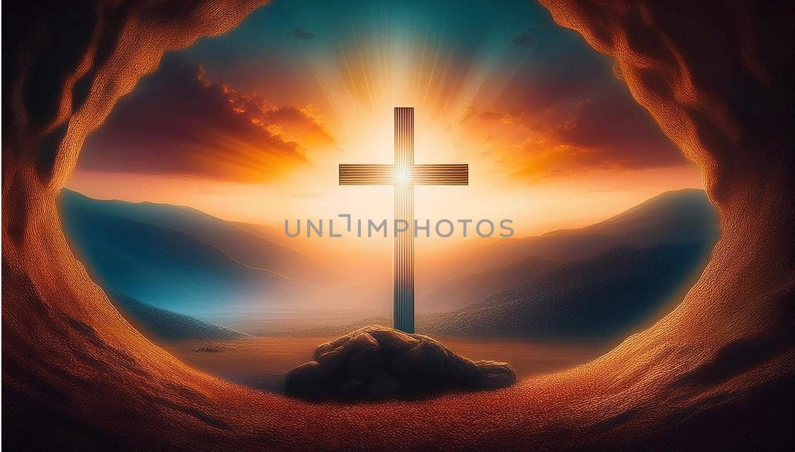 The concept of Easter Sunday, the cross of the crucifixion of Jesus Christ, the concept of the Christian faith. The tomb is empty with a cross in the background of the dawn Resurrection of Jesus generative ai High quality image