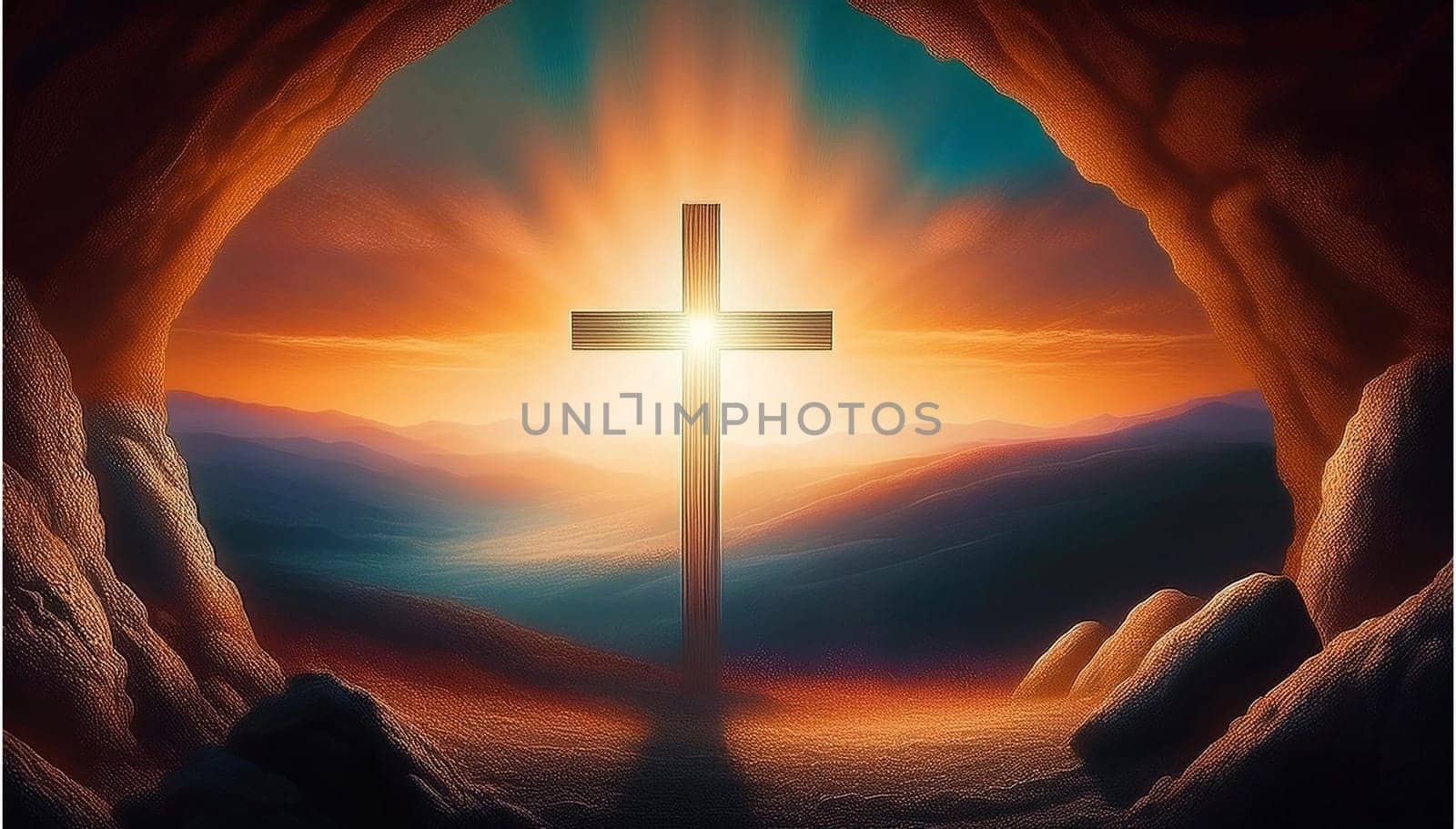 The concept of Easter Sunday, the cross of the crucifixion of Jesus Christ, the concept of the Christian faith. The tomb is empty with a cross in the background of the dawn Resurrection of Jesus generative ai High quality image