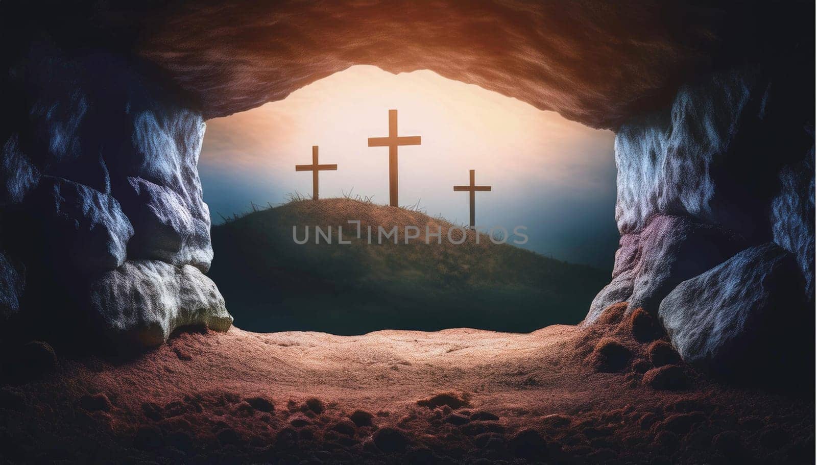 The concept of Easter Sunday, the cross of the crucifixion of Jesus Christ, the concept of the Christian faith. The tomb is empty with a cross in the background of the dawn Resurrection of Jesus generative ai High quality image