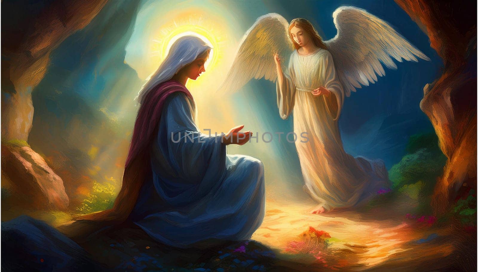 Mary comes to the empty tomb of the Risen Savior Jesus Christ and sees angel . High quality image
