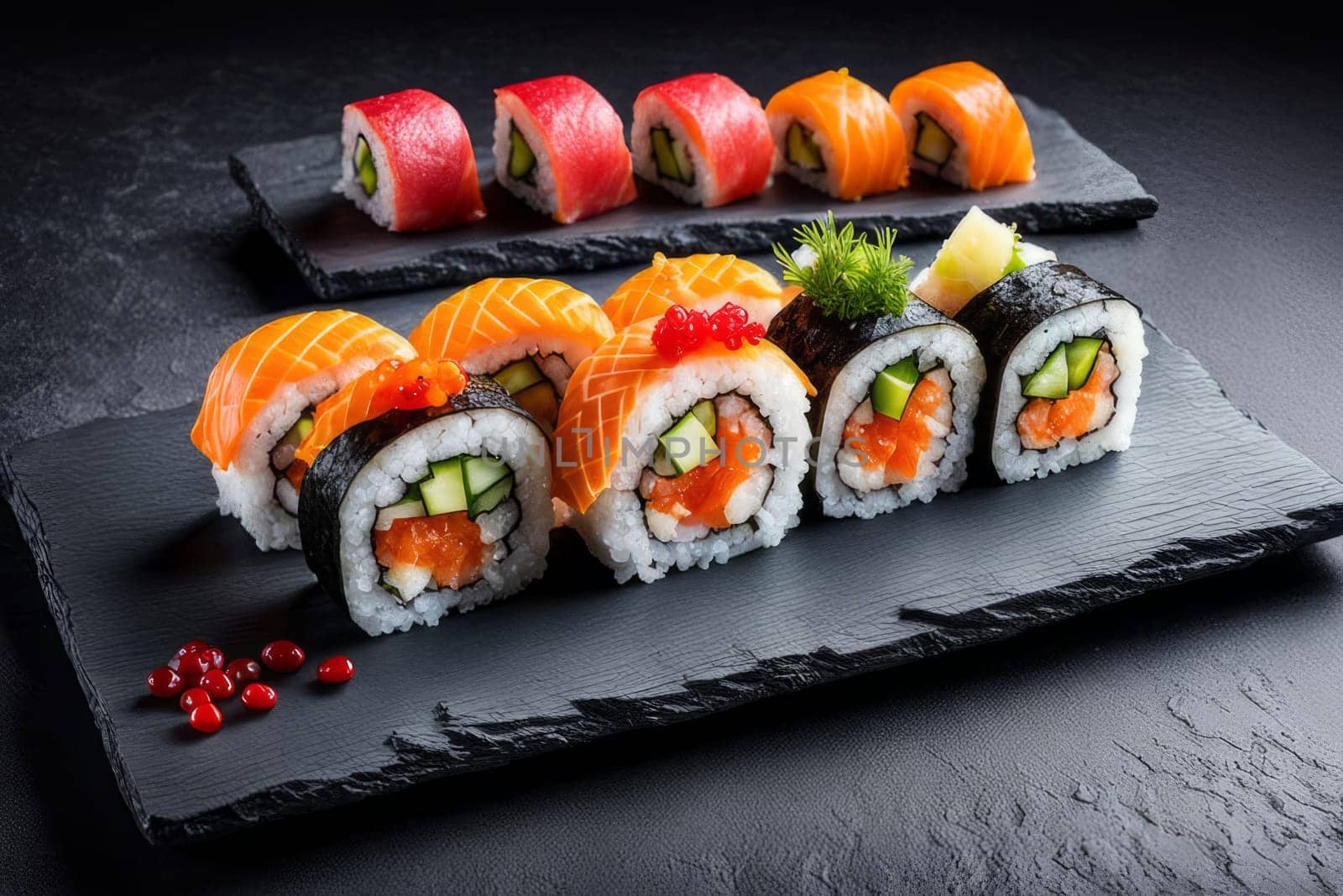 Elegant sushi spread with an array of flavors, including salmon, tuna, and vegetable rolls. Great for food photography, showcasing the artistry of sushi-making and inviting viewers to indulge