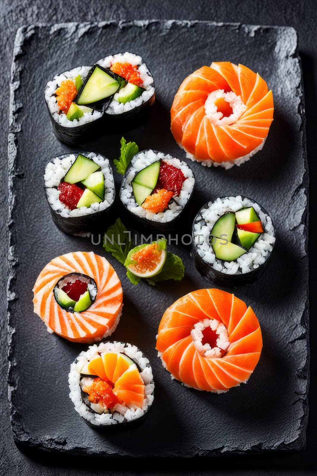 Elegant sushi spread with an array of flavors, including salmon, tuna, and vegetable rolls. Great for food photography, showcasing the artistry of sushi-making and inviting viewers to indulge