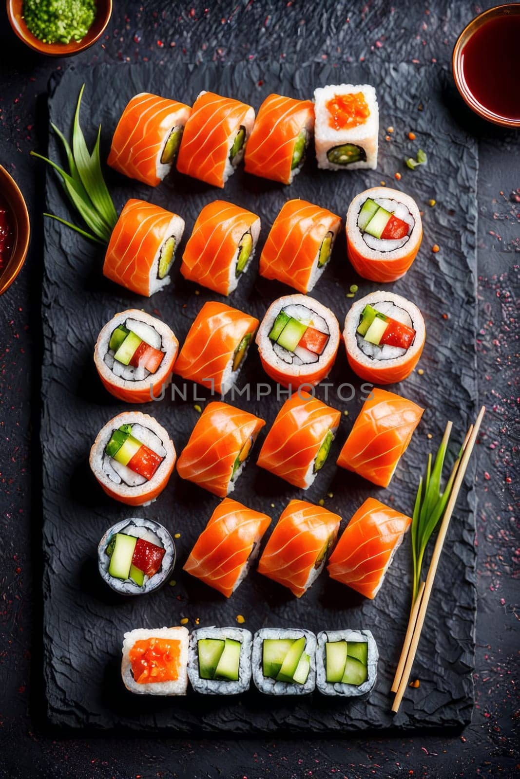 Elegant sushi spread with an array of flavors, including salmon, tuna, and vegetable rolls. Great for food photography, showcasing the artistry of sushi-making and inviting viewers to indulge