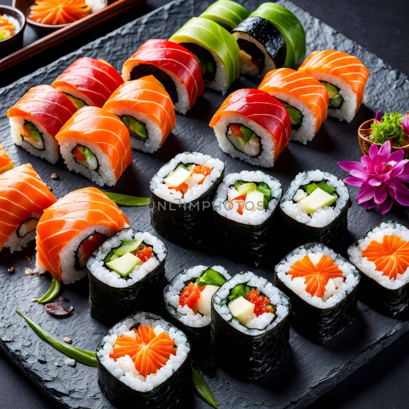Elegant sushi spread with an array of flavors, including salmon, tuna, and vegetable rolls. Great for food photography, showcasing the artistry of sushi-making and inviting viewers to indulge